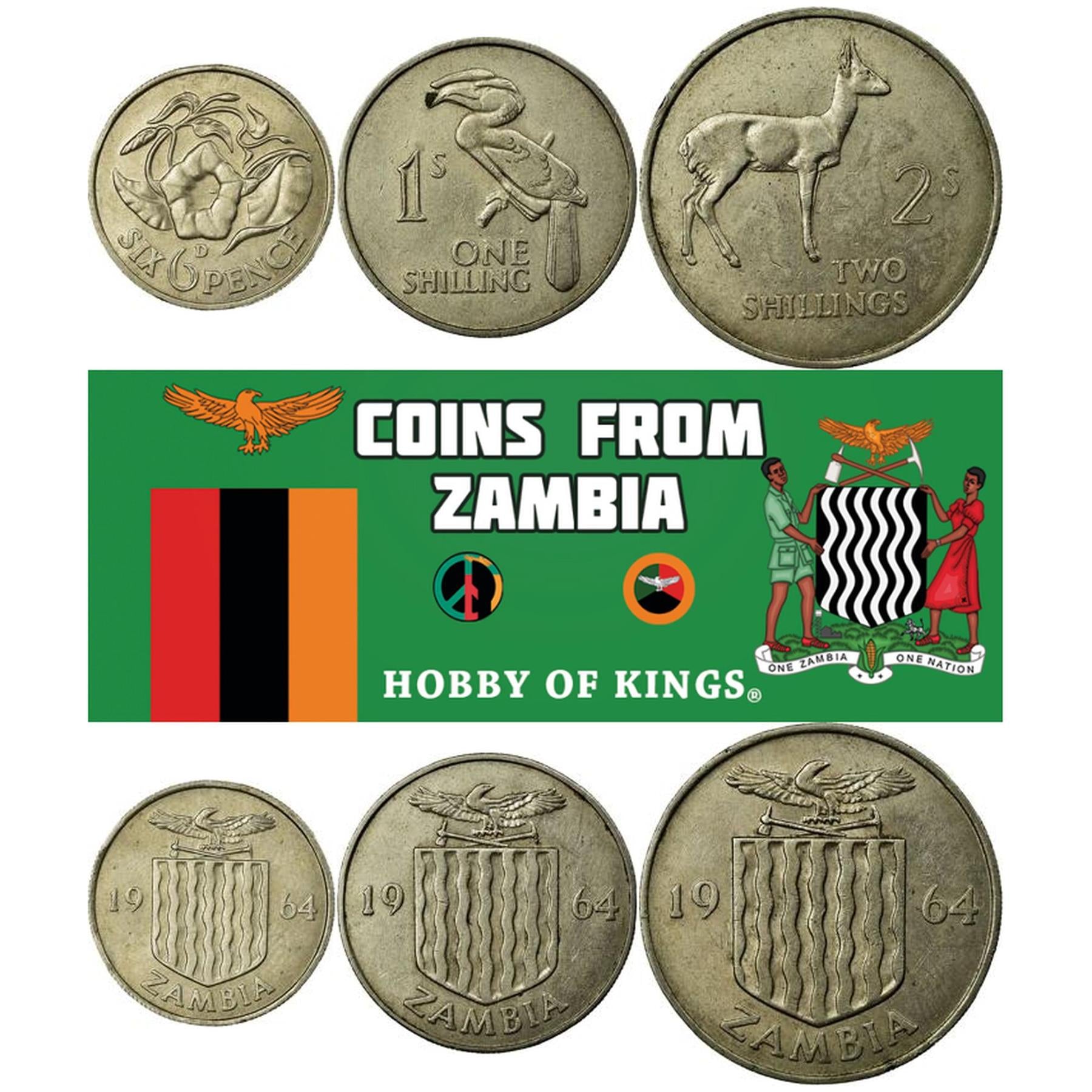 Zambia | 3 Coin Set | 6 Pence 1 Shilling 2 Shillings | 1964