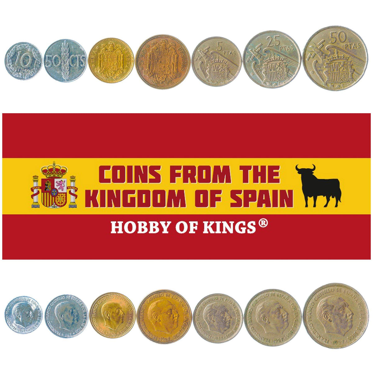 Set di 7 monete spagnole 10 50 Céntimos 1 2,5 5 25 50 Pesetas | Francisco Franco | Spagna | 1946 - 1966