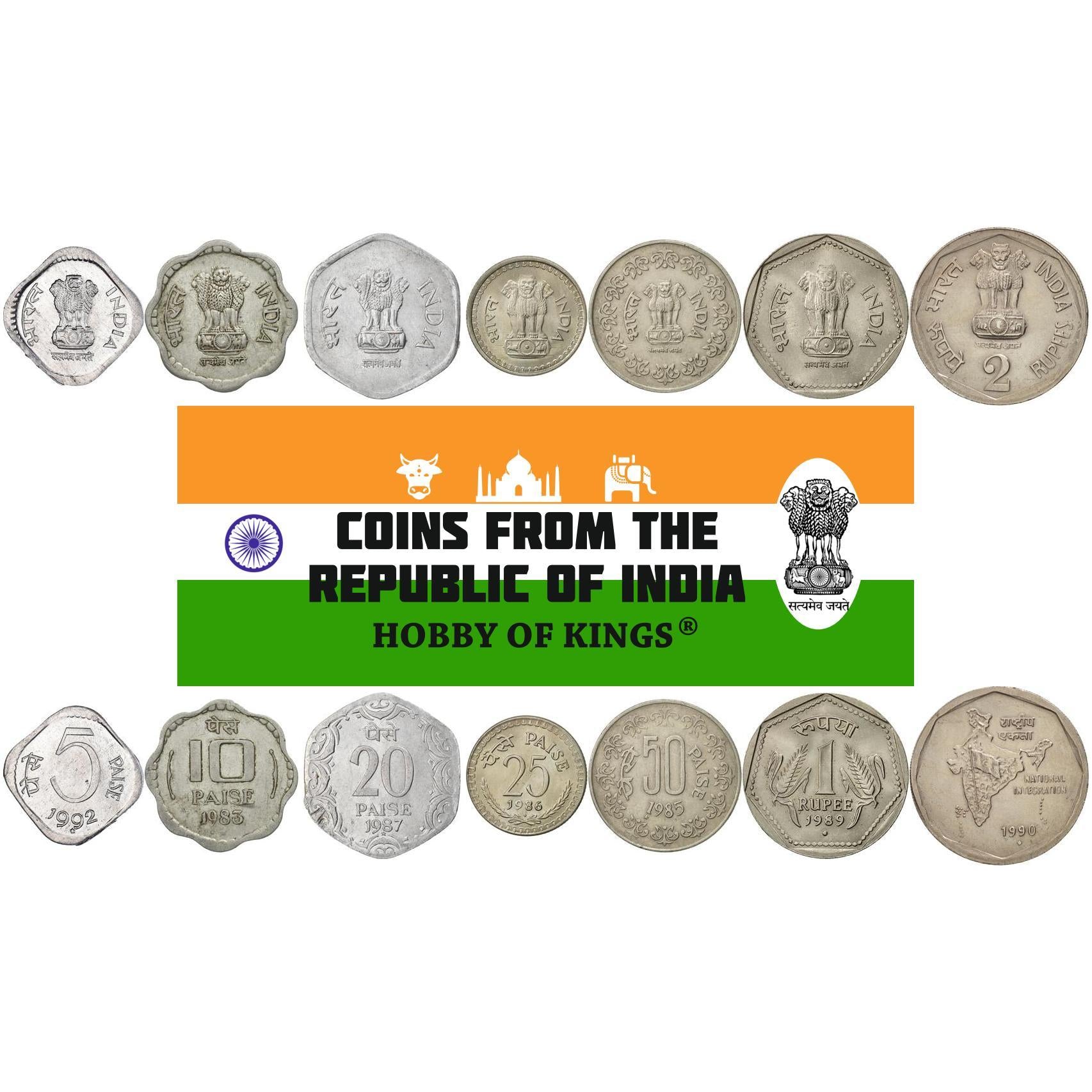 India | 7 Coin Set | 5 10 20 25 50 Paise 1 Rupee 2 Rupees | 1982 - 1994