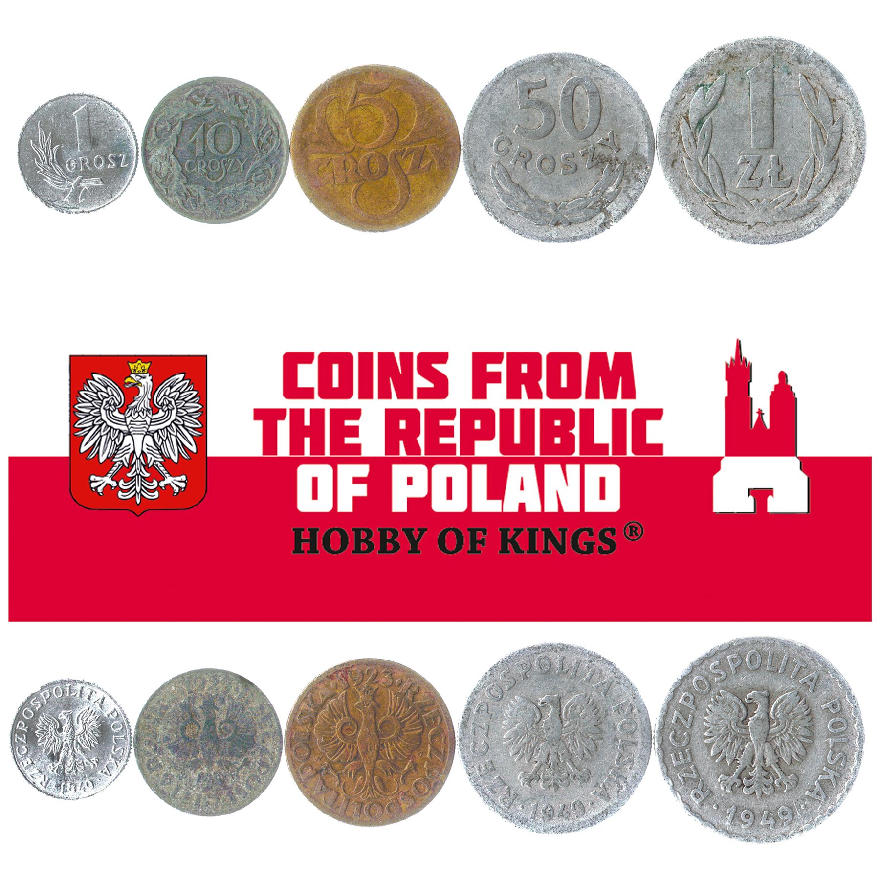 5 Monete Antiche Polonia 1924-1950 Occupazione Tedesca Seconda Guerra Mondiale Secondo e Terzo Zloty