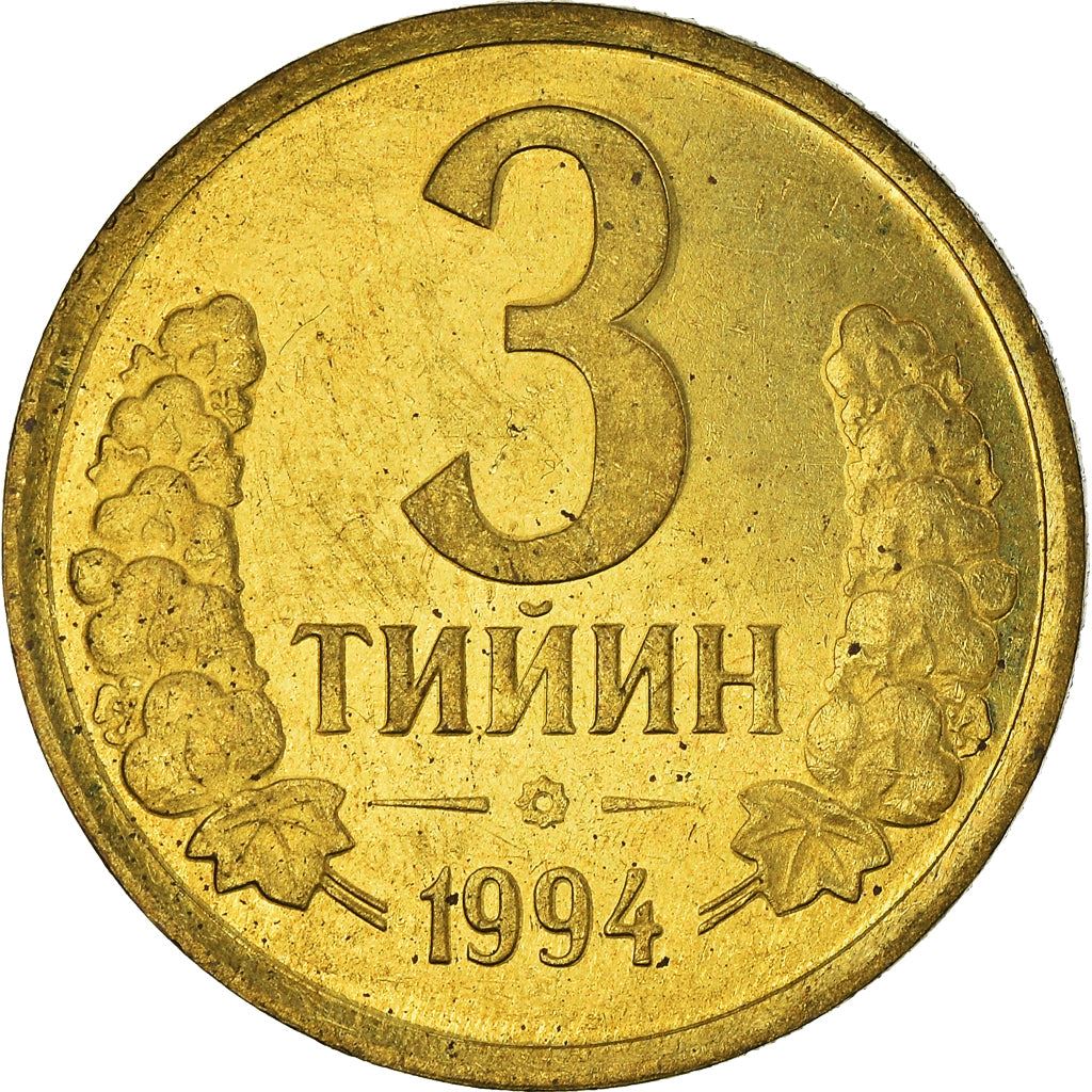 Uzbekistan | 3 Tiyin Coin | Stars | Cotton | Wheat | Sun | Huma Bird | Km:2 | 1994