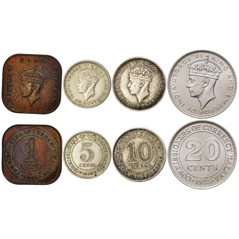 Malaya | 4 Coin Set | 1 Cent 5 10 20 Cents | 1943 - 1945