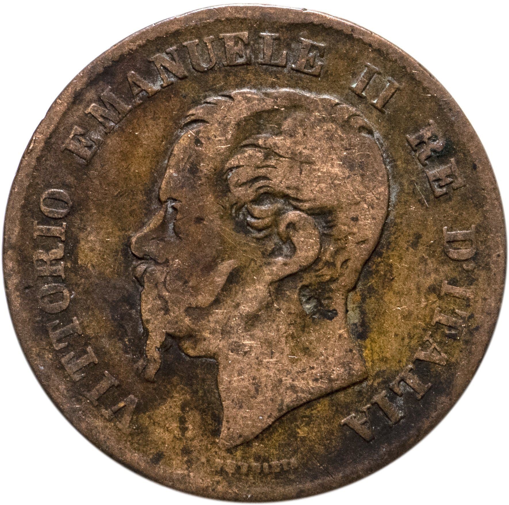 Italy 5 Centesimi Coin | Vittorio Emanuele II | Branch | Oak Laurel | Star | KM3 | 1861 - 1867