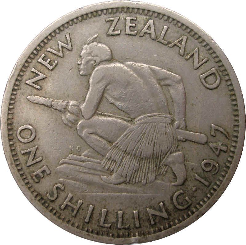 New Zealand | 1 Shilling Coin | George VI | Maori Warrior | Km:9A | 1947