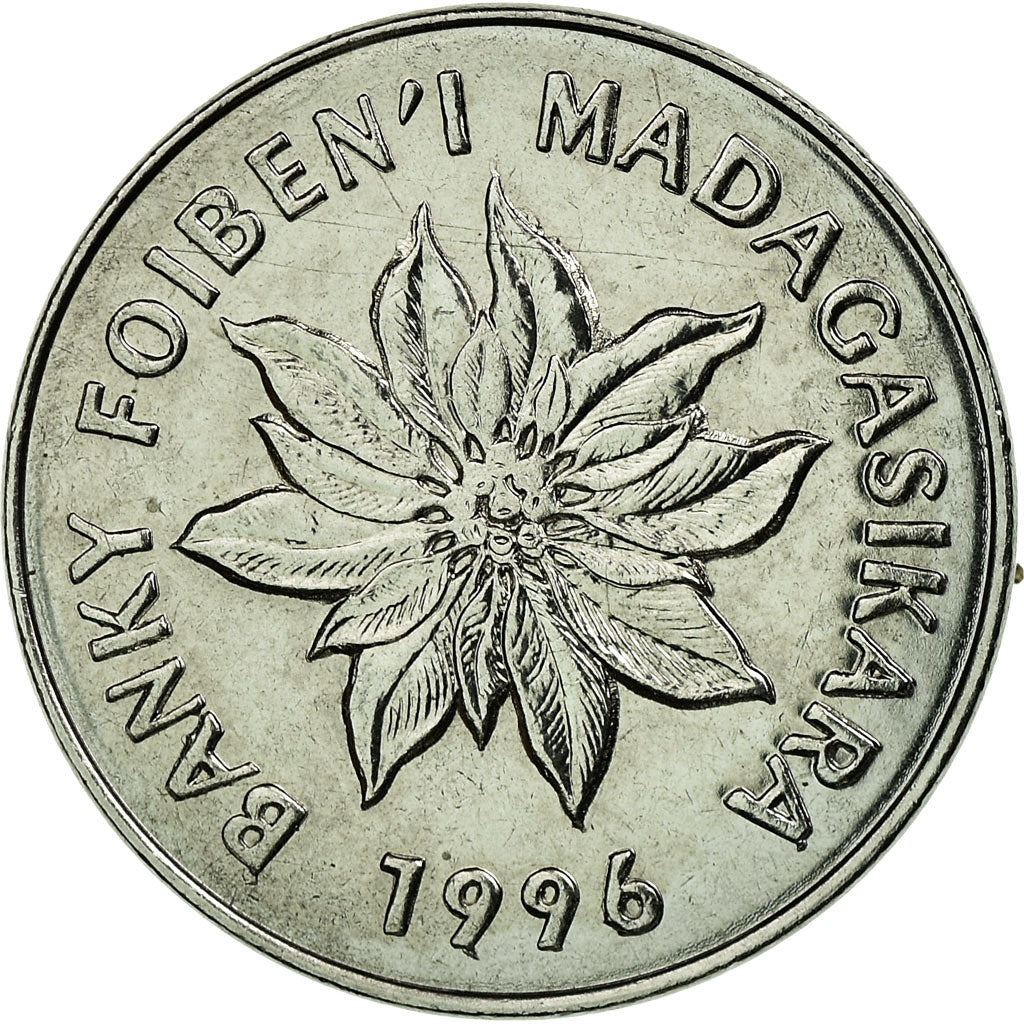 Madagascar | 5 Francs / 1 Ariary Coin | Flower | Zebu | Km:21 | 1996