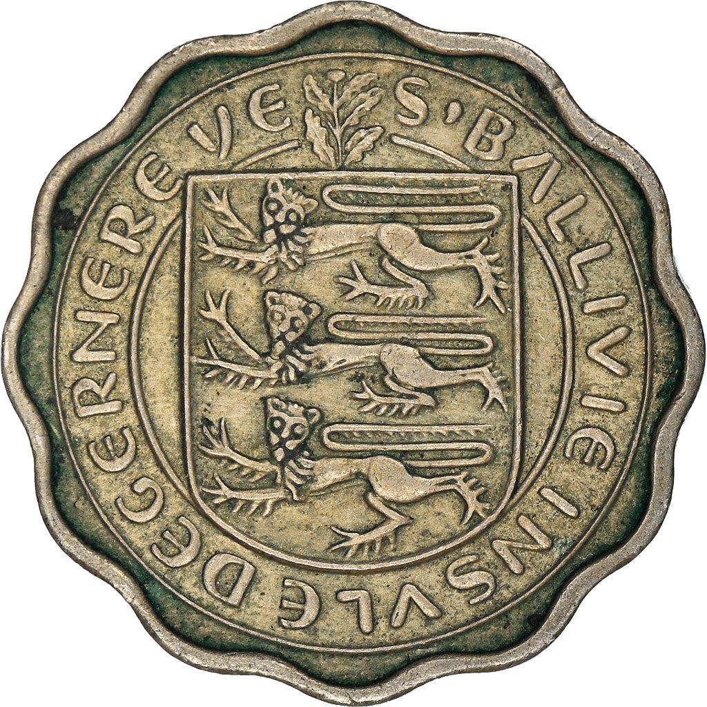Pièce de 3 pence de Guernesey | Reine Elizabeth II | Bétail de Guernesey | KM17 | 1956