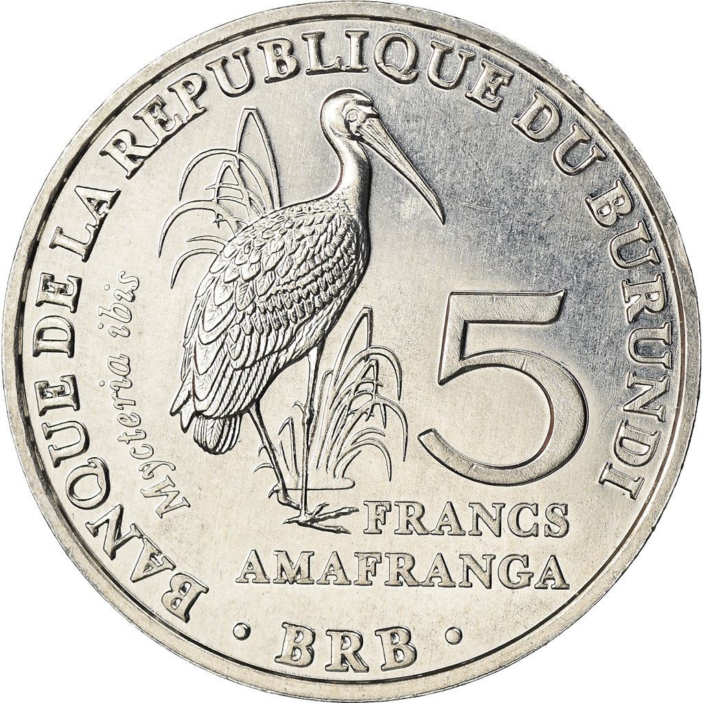 Burundi | 5 Francs Coin | Yellow-billed stork | Km:27 | 2014