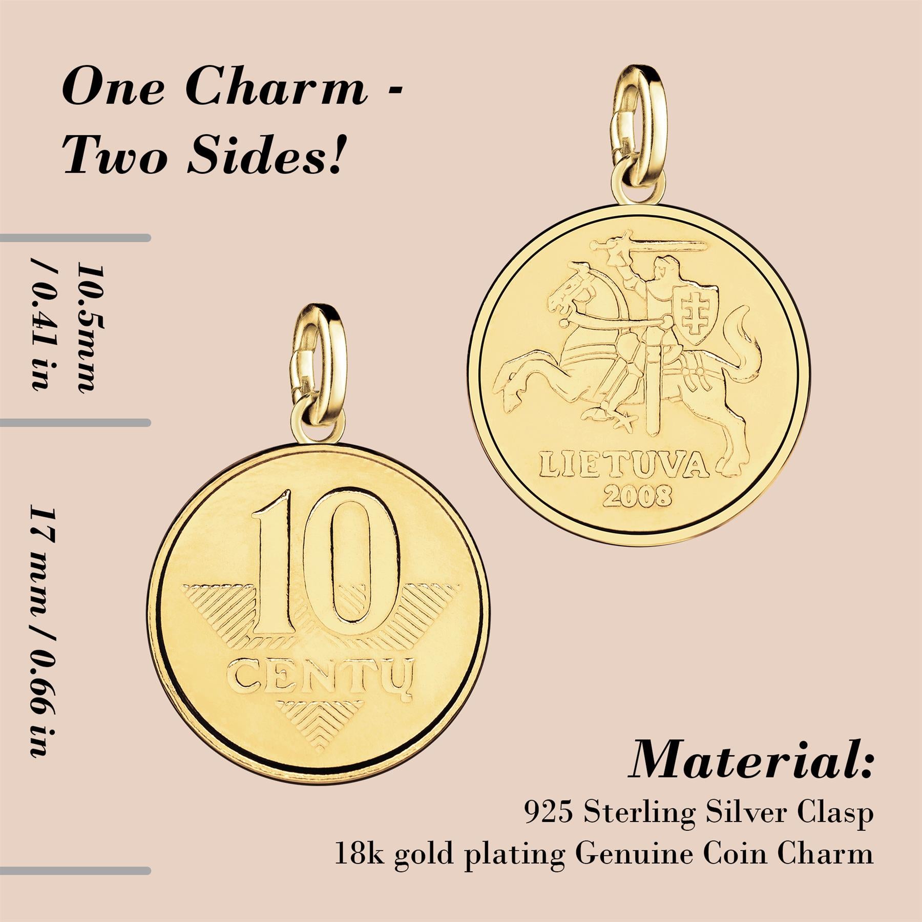 Lithuanian 10 centų Coin Charm | 925 Sterling Silver 18K Gold Plated | 1998 - 2014