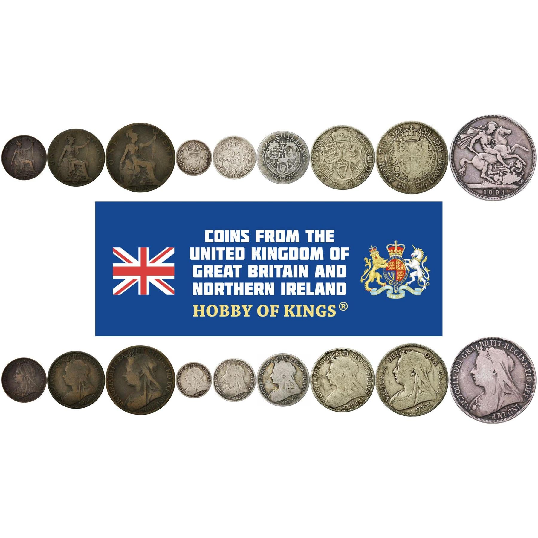 United Kingdom | 9 Coin Set | 1 Farthing 1/2 1 Penny 3 6 Pence 1 Shilling 1 Florin 1/2 1 Crown | 1893 - 1901