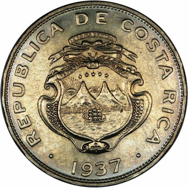 Costa Rica 25 Centimos Coin | Stars | Volcno | Ship | Sun | KM175 | 1937 - 1948