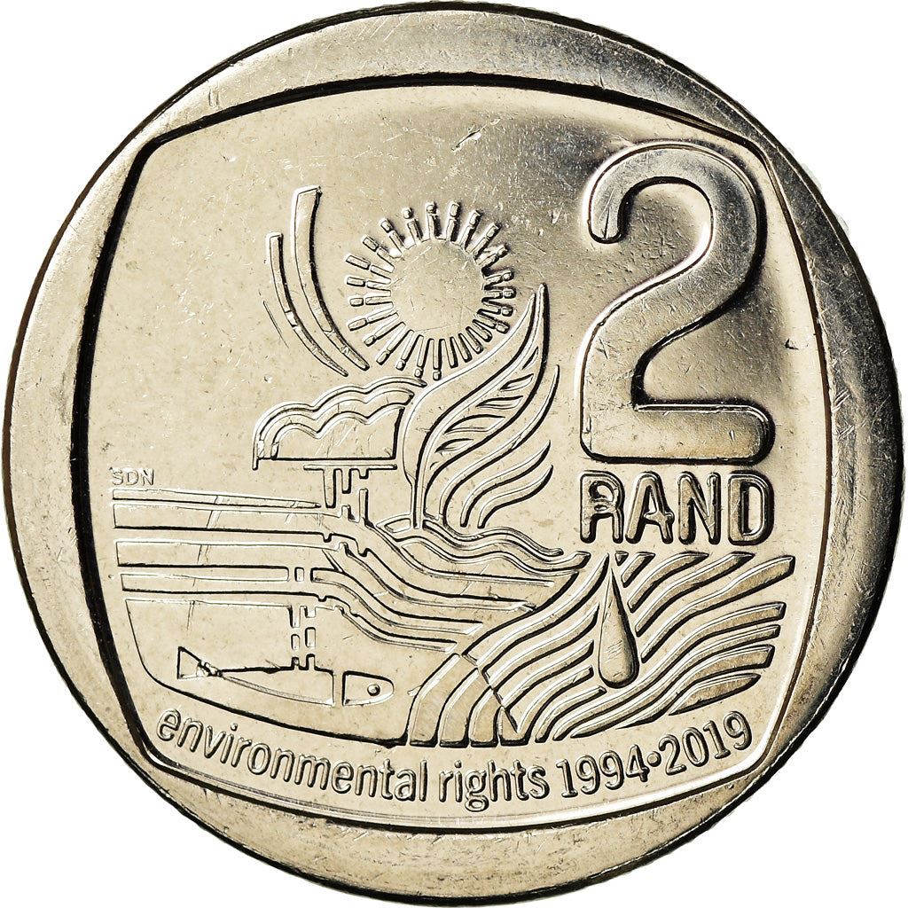 South Africa | 2 Rand Coin | Sun | Tree | Water | Fish | Environmental Rights | Km:695 | 2019