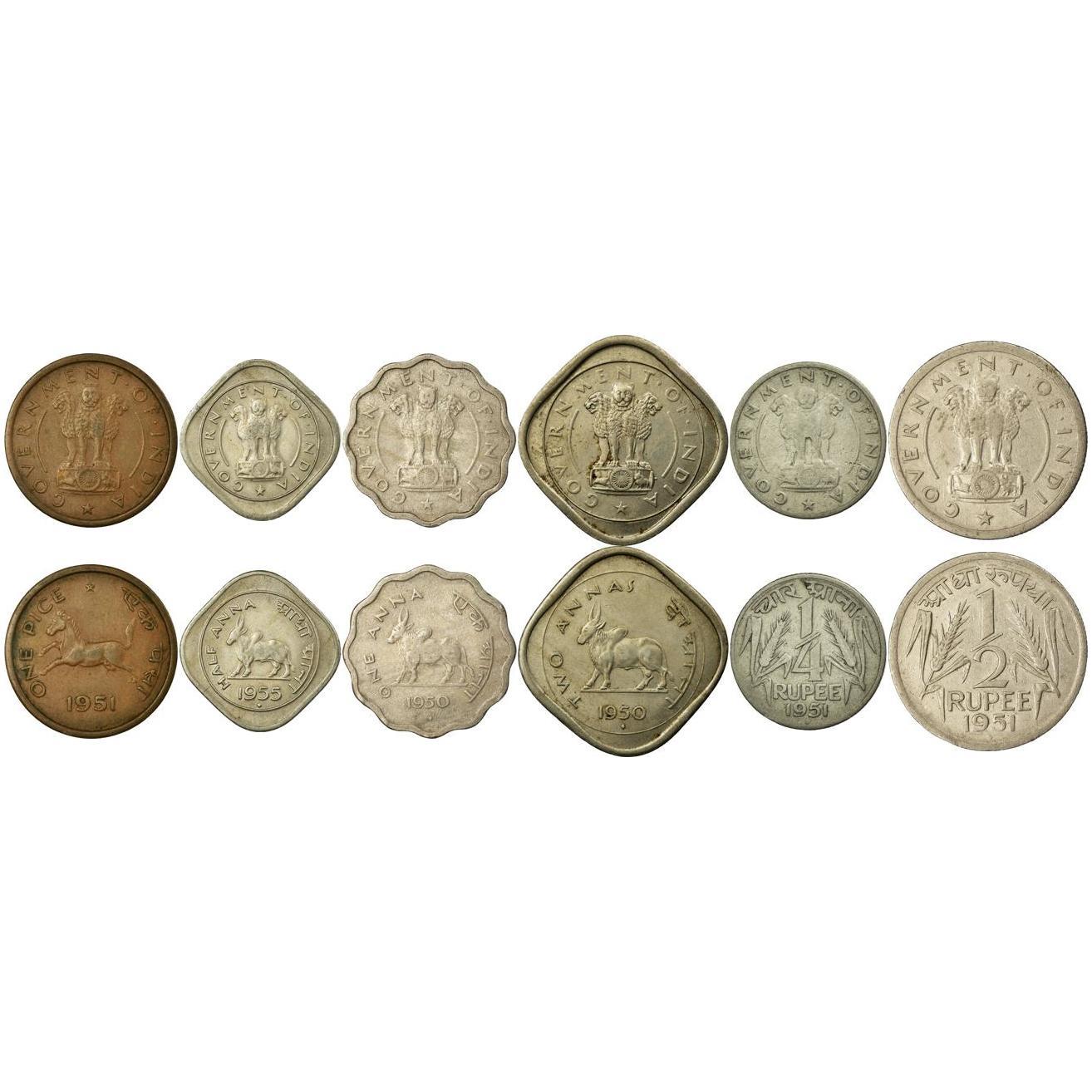 India | 6 Coin Set | 1 Pice 1/2 1 Anna 2 Annas 1/4 1/2 Rupee | 1950 - 1956