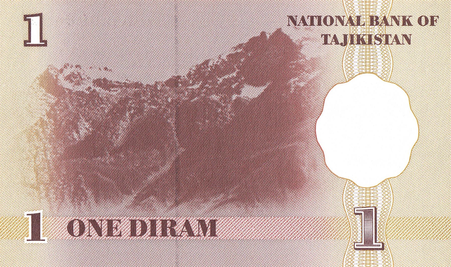 Tajikistan | 1 Diram Banknote | 1999 | Sadriddin Aynī Theatre and Opera House | Pamir Mountains