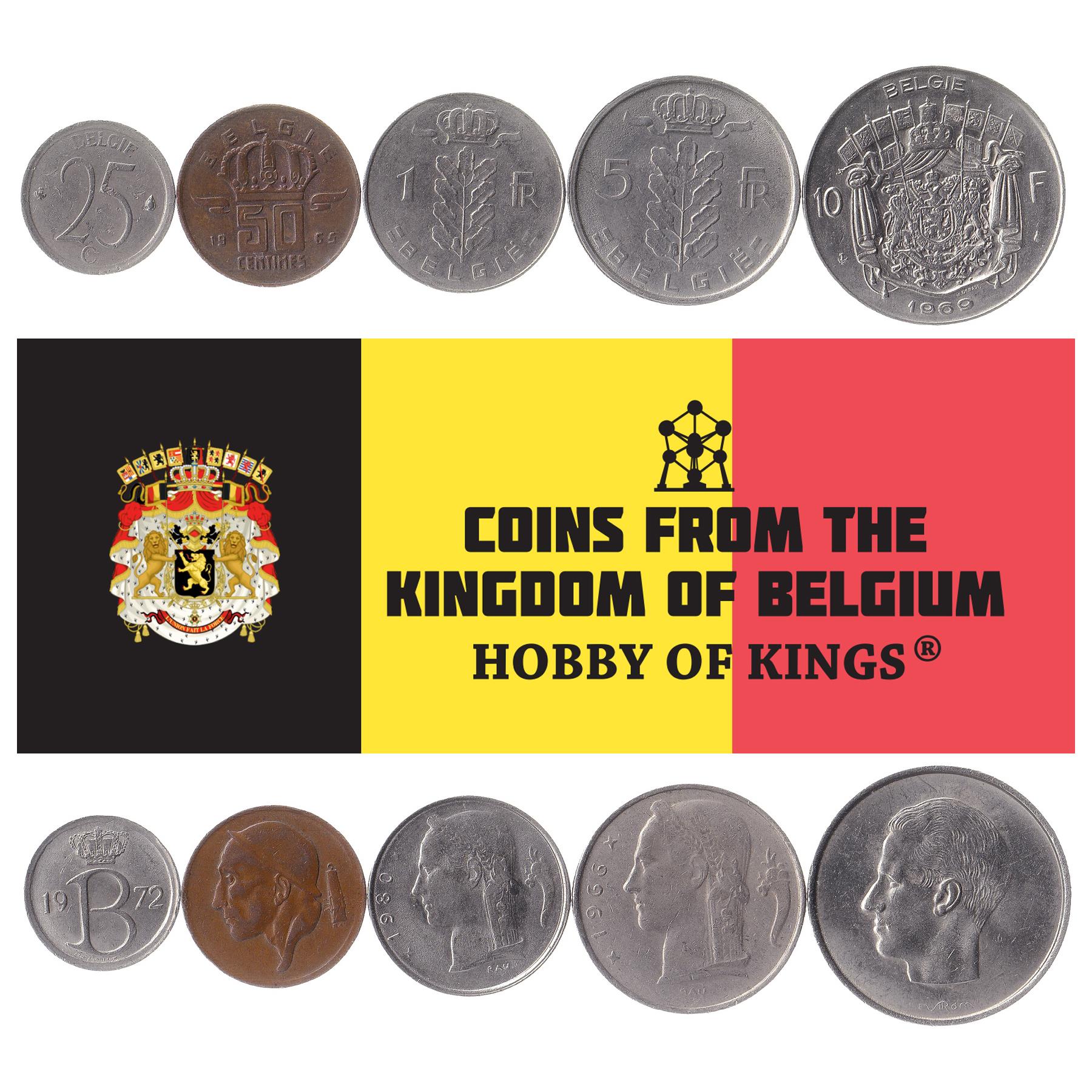Belgium | 5 Coin Set | 25 50 Centimes 1 Franc 5 10 Francs | 1956 - 1988