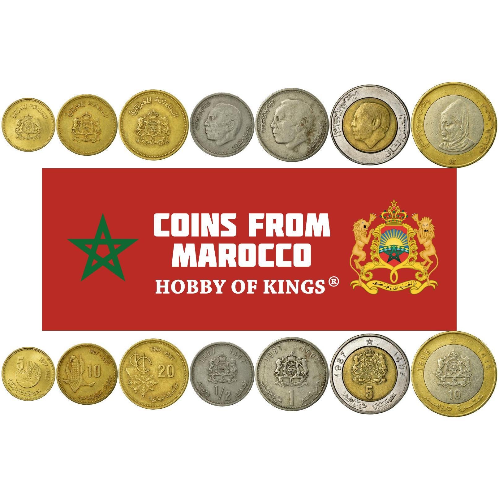 Set 7 Coins Morocco 5 10 20 Santimat 1/2 1 5 10 Dirham 1987 - 1995