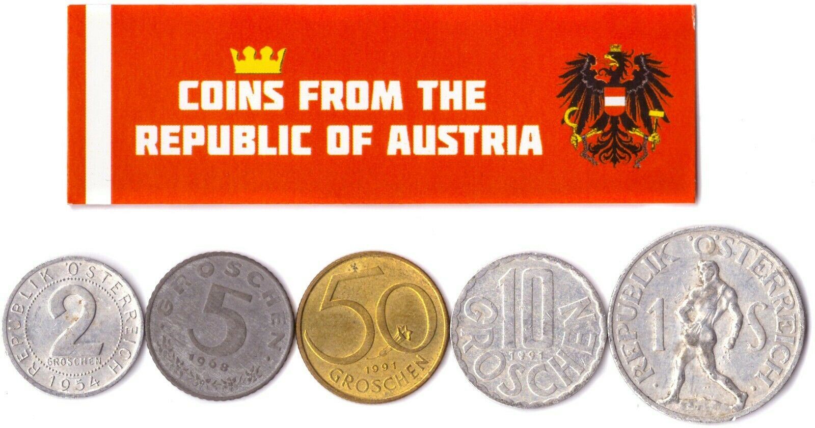 5 Austrian Coins Old Collectible Currency Groschen Schilling 1945-2001