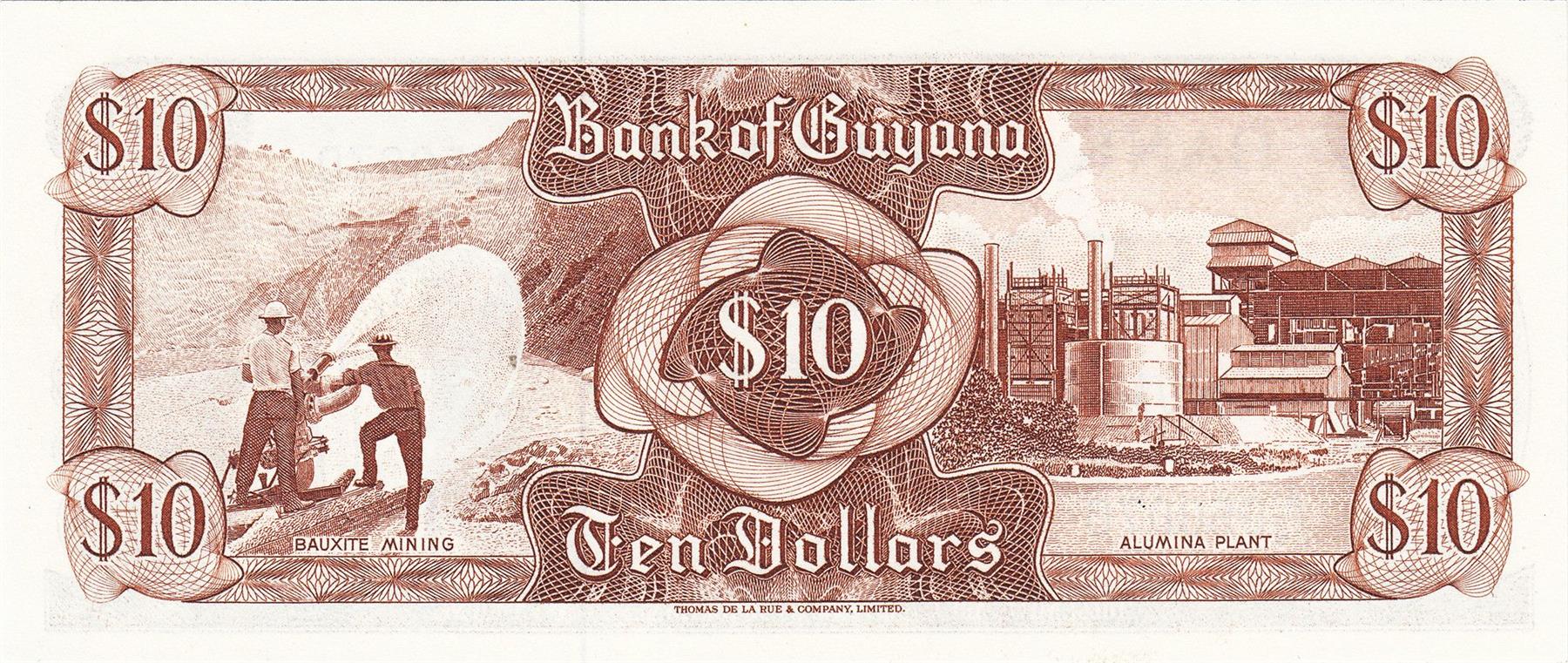 Guyana | 10 Dollars Banknote | 1966 - 1992 | Kaieteur Falls | Bauxite Mining | Aluminium Smeltery