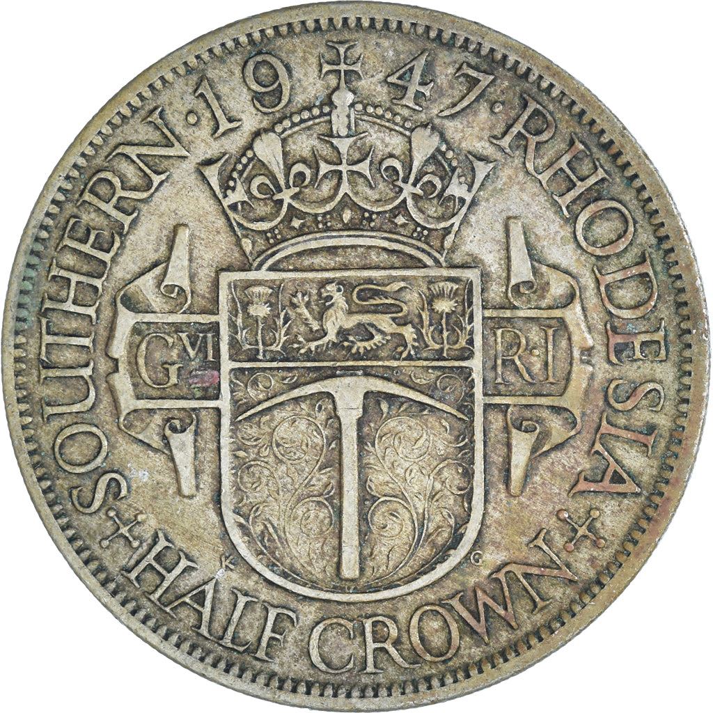 Southern Rhodesia | 1/2 Crown Coin | George VI | Shield | Crown | Pickaxe | Km:15B | 1947
