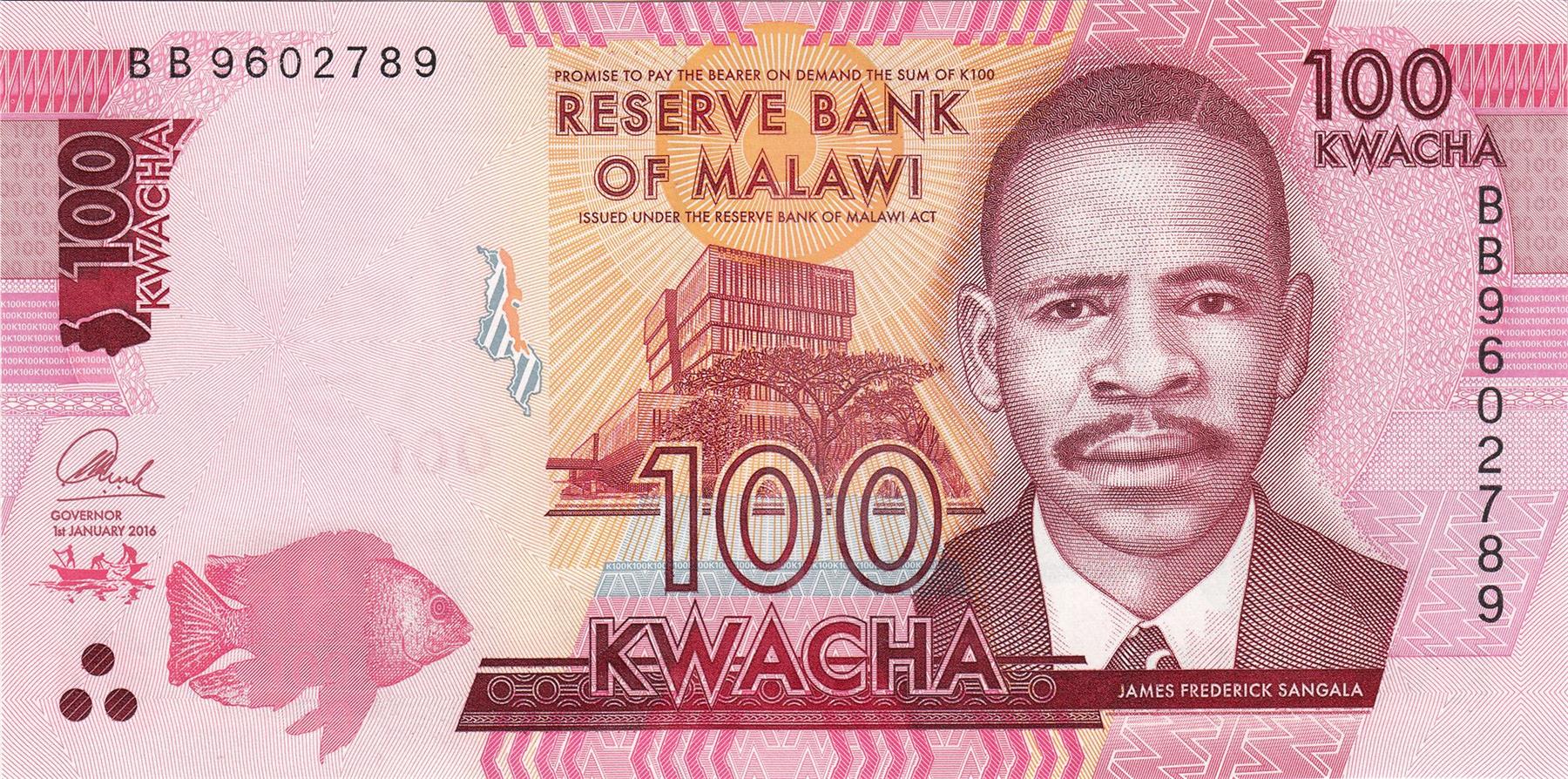 Malawi | 100 Kwacha Banknote | 2014 - 2024 | James Frederick Sangala | Reverse Bank of Malawi | Livingston's Cichlid | College of Medicine