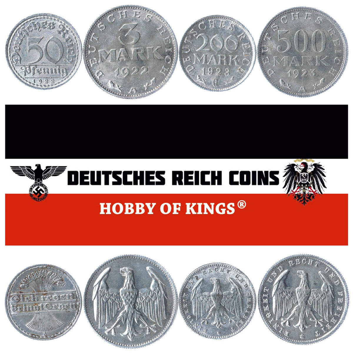 Germany | 4 Coin Set | 50 Pfennig 3 200 500 Mark | 1919 - 1923