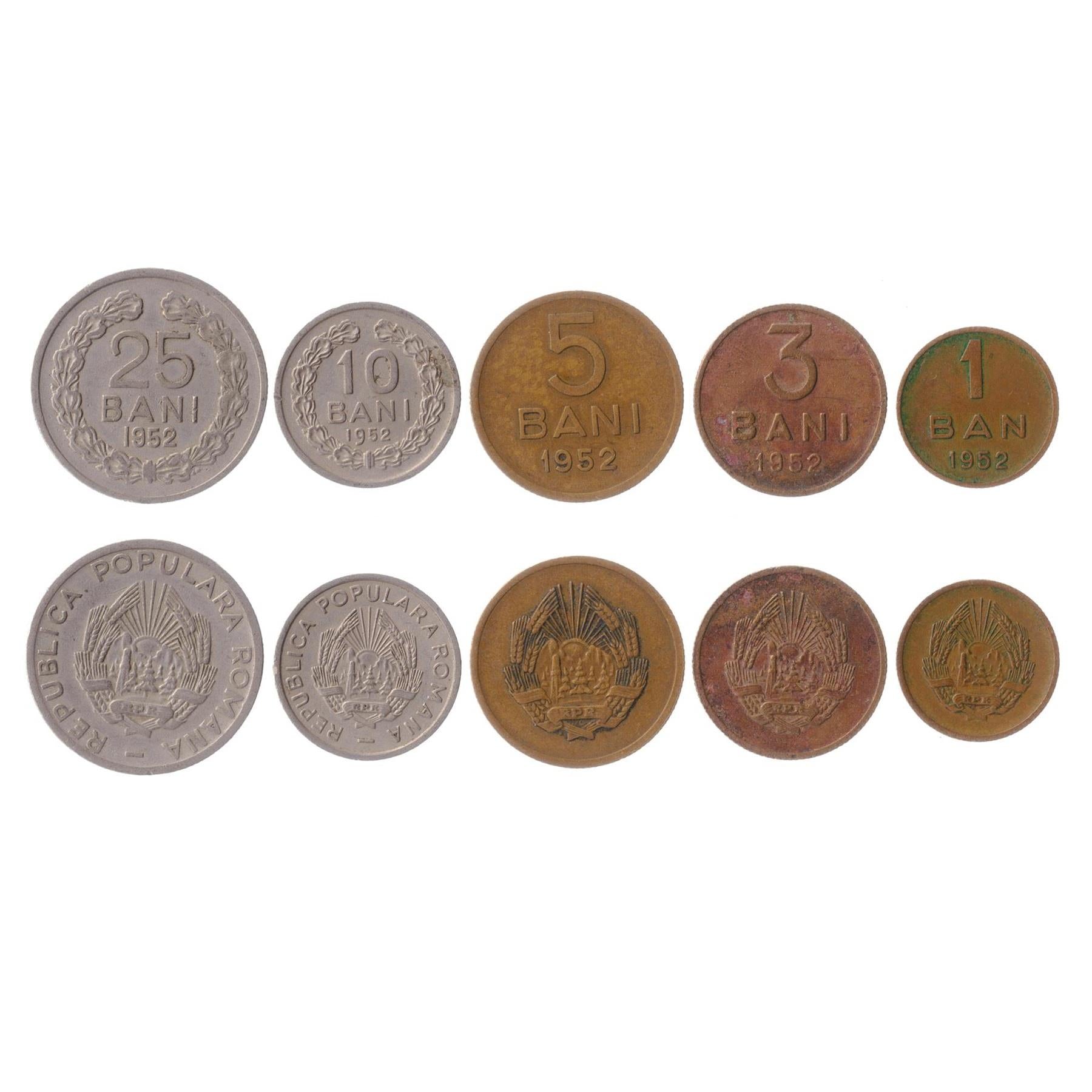 Romanian 5 Coin Set 1 3 5 10 25 Bani | Oak Leaf | 1952