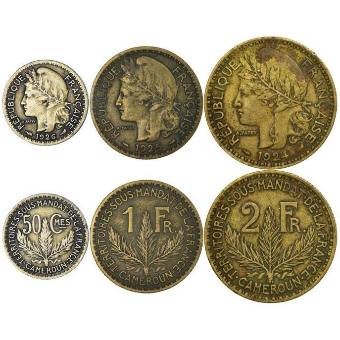 French Cameroon | 3 Coin Set | 50 Centimes 1 Franc 2 Francs | 1924 - 1926