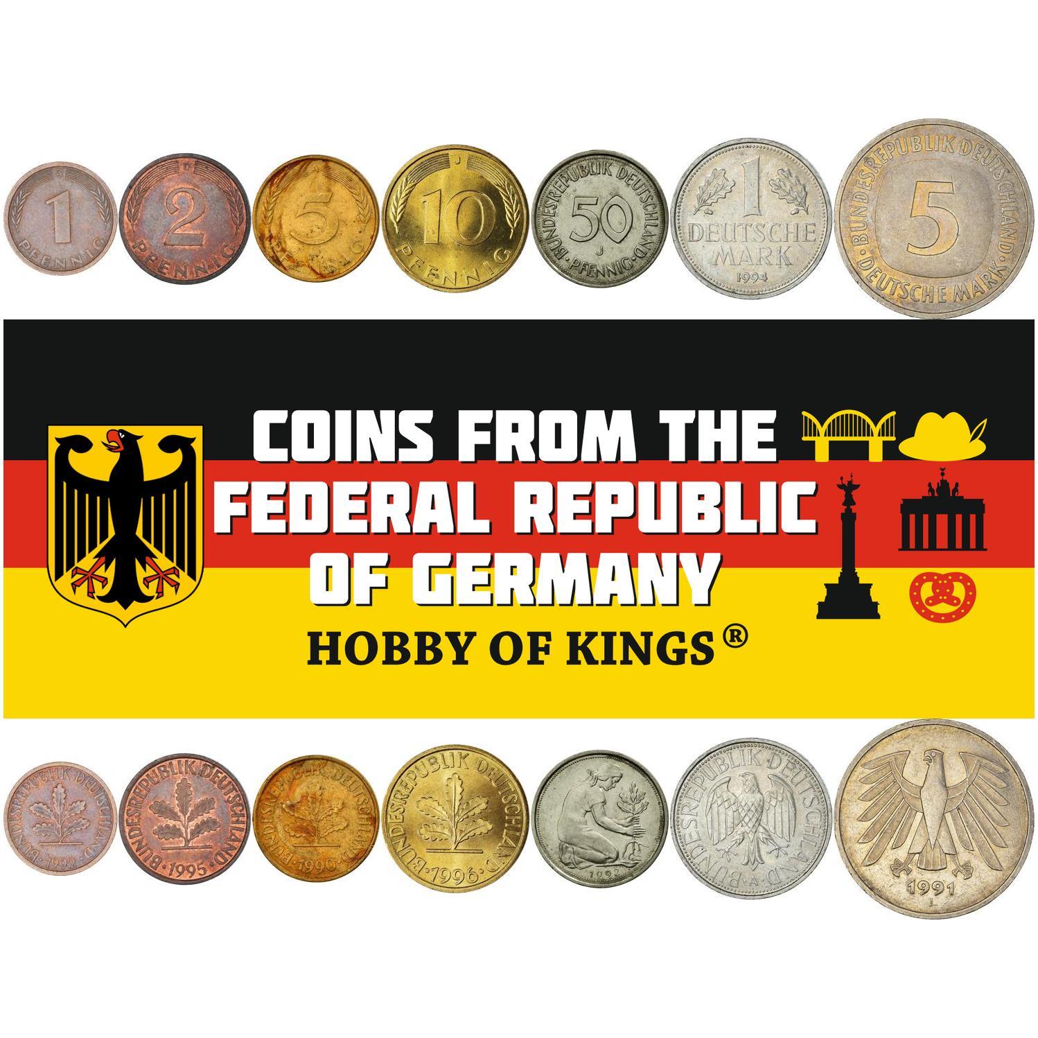 Germany | 7 Coin Set | 1 2 5 10 50 Pfennig 1 Deutsche 5 Deutsche Mark | 1990 - 2001