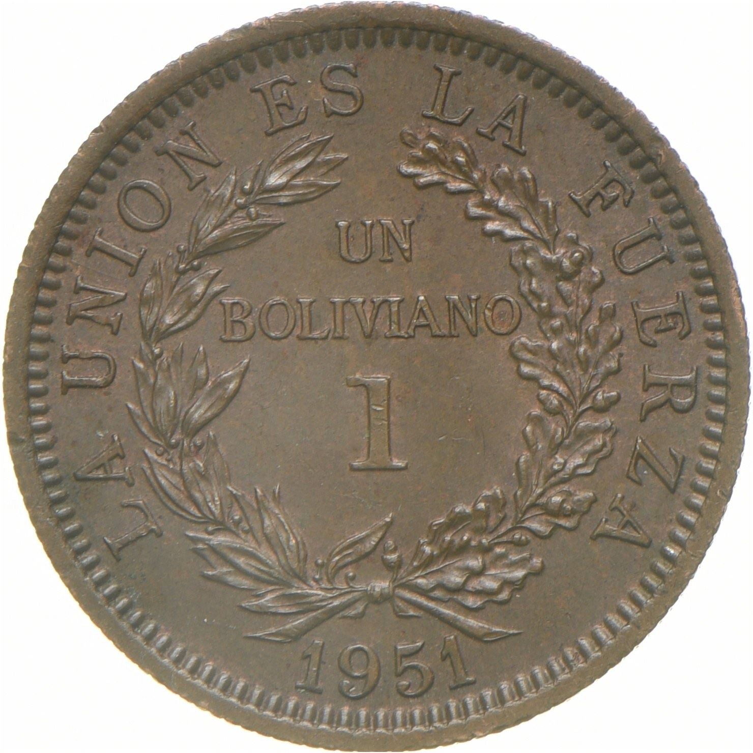 Bolivia | 1 boliviano-mønt | Bronze | Våbenskjold | KM:184 | 1951