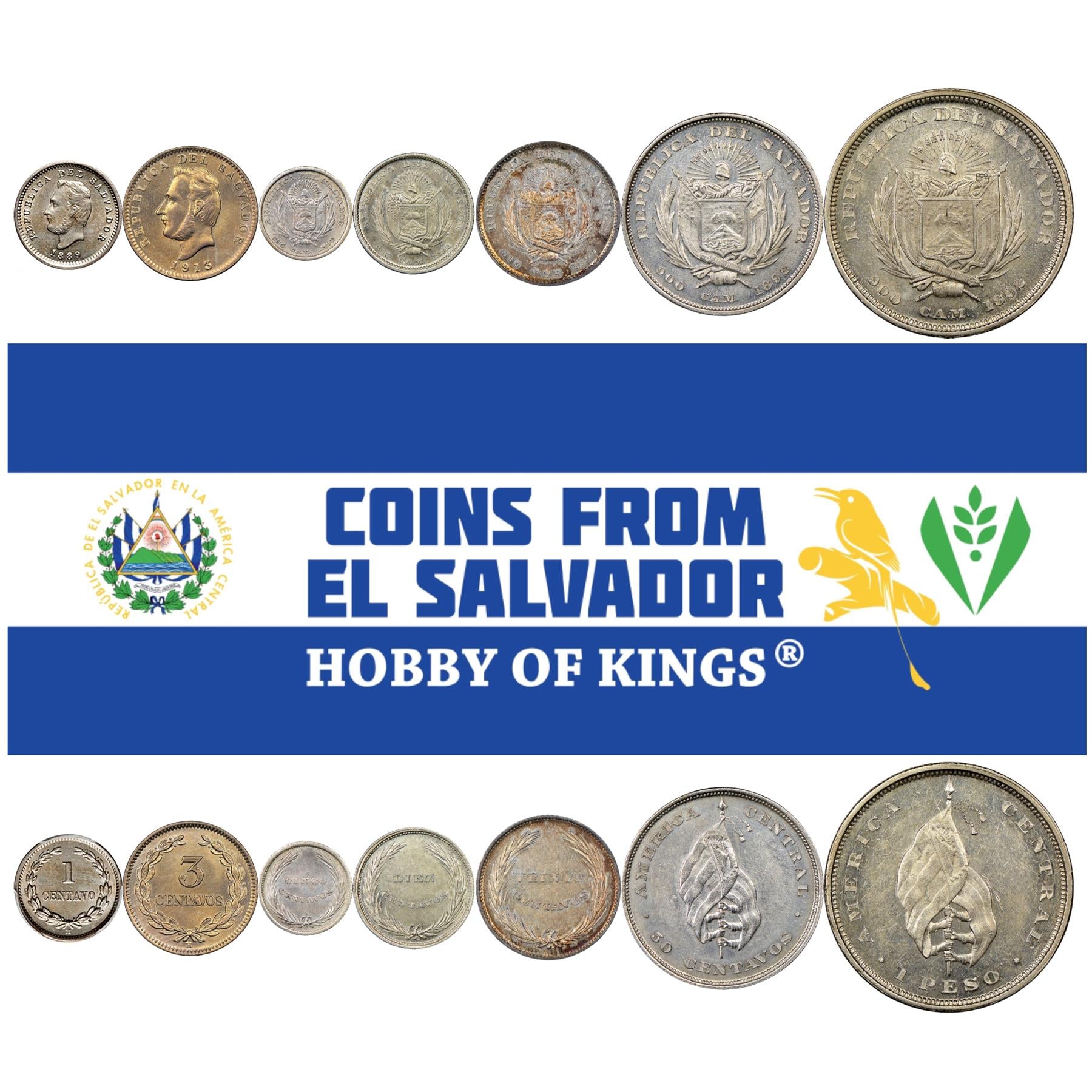 Salvadoran 7 Coin Set 1 3 5 10 20 50 Centavos 1 Peso | Francisco Morazan | Christopher Columbus | Phrygian Cap | El Salvador | 1882 - 1913