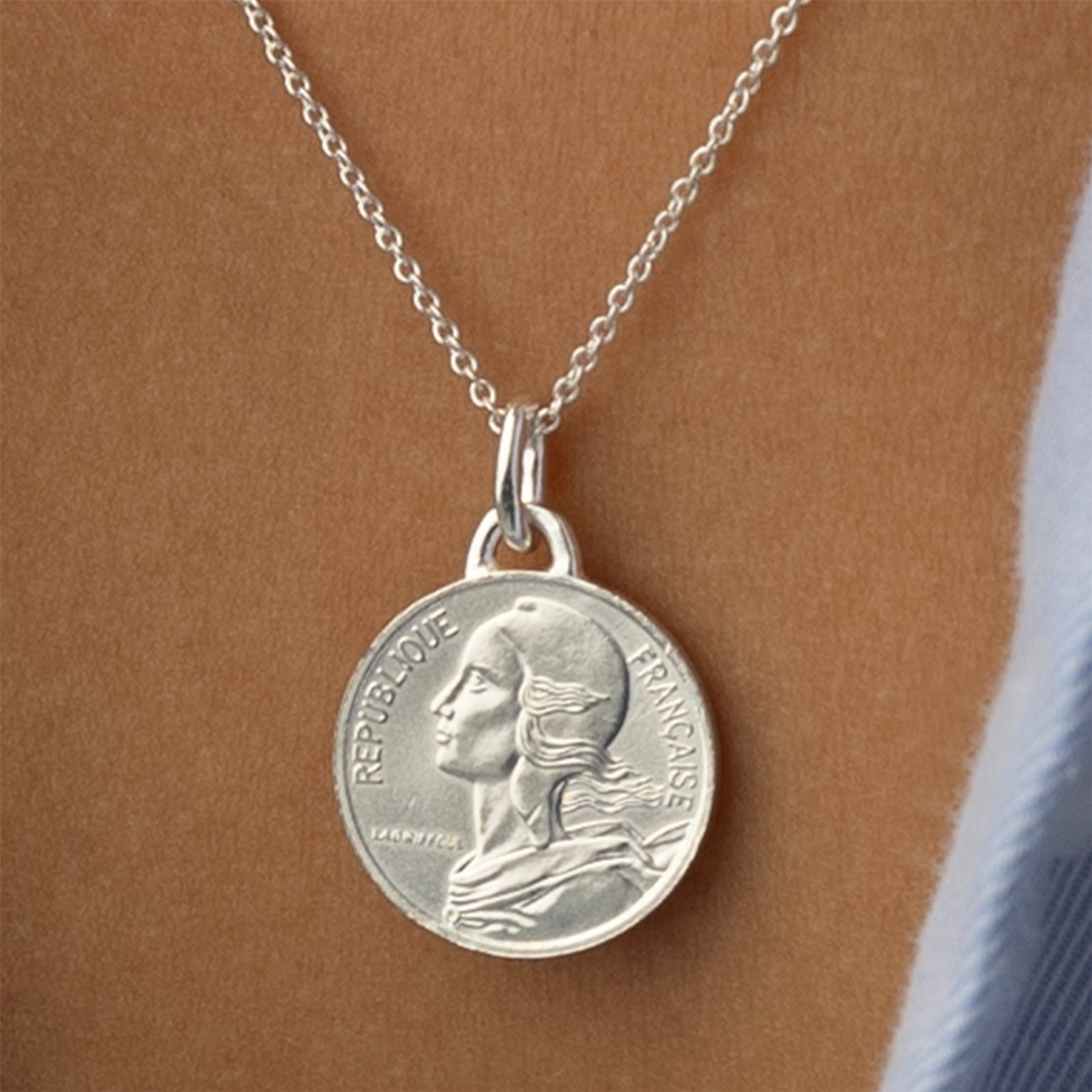 French Coin Necklace | Medallion Pendant Jewelry | Rhodium Plated 5 Centimes | 1966 - 2001