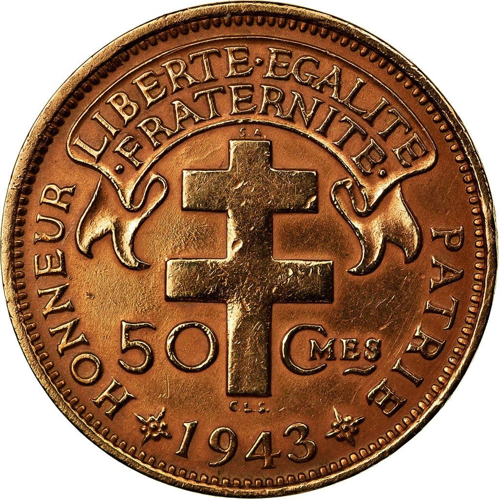 Madagascar | 50 Centimes Coin | Rooster | Lorraine Cross | Km:1 | 1943