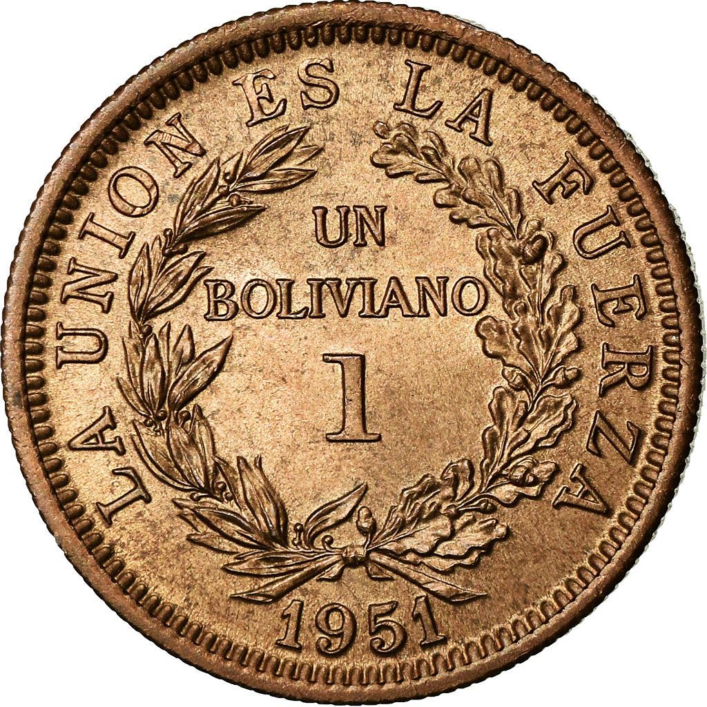 Bolivia | 1 boliviano-mønt | Bronze | Våbenskjold | KM:184 | 1951