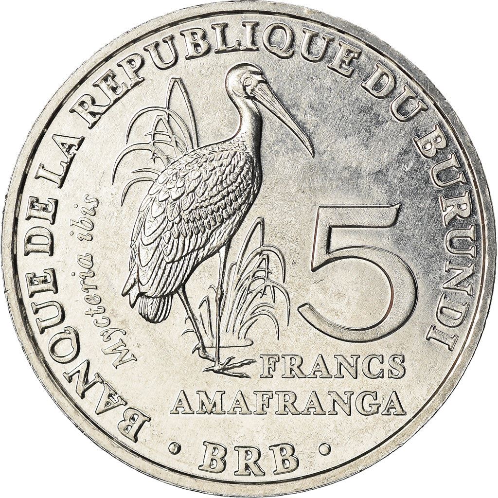Burundi | 5 Francs Coin | Yellow-billed stork | Km:27 | 2014