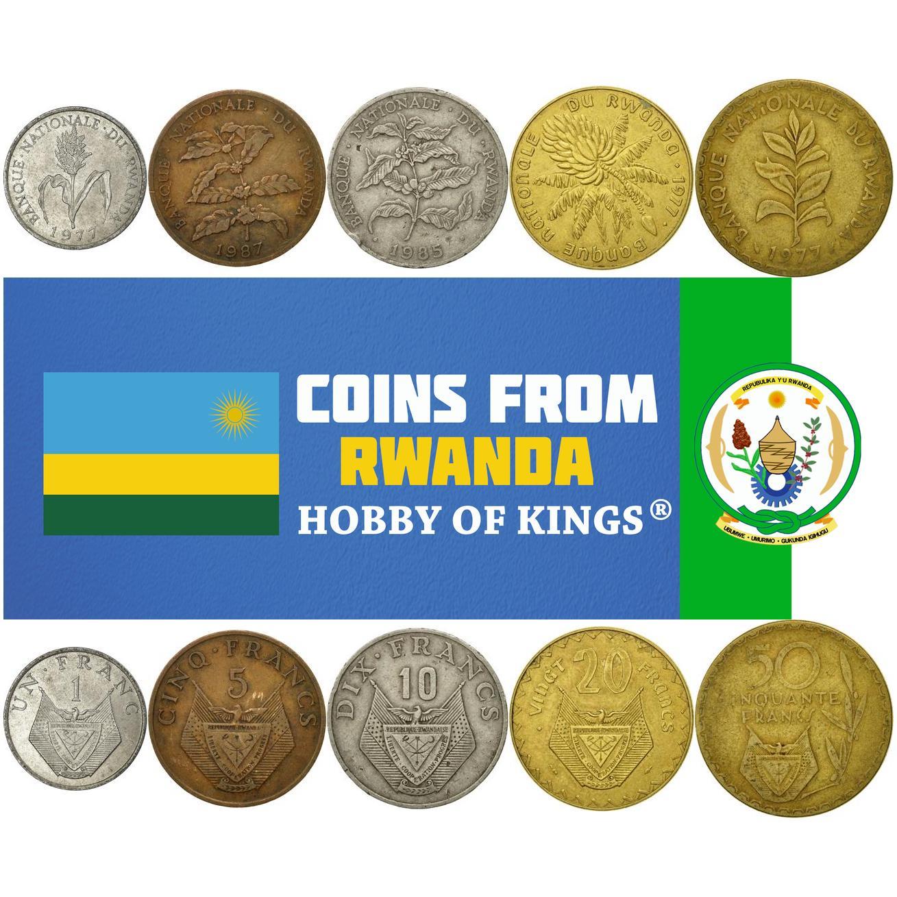 Rwanda | 5 Coin Set | 1 Franc 5 10 20 50 Francs | 1974 - 1987