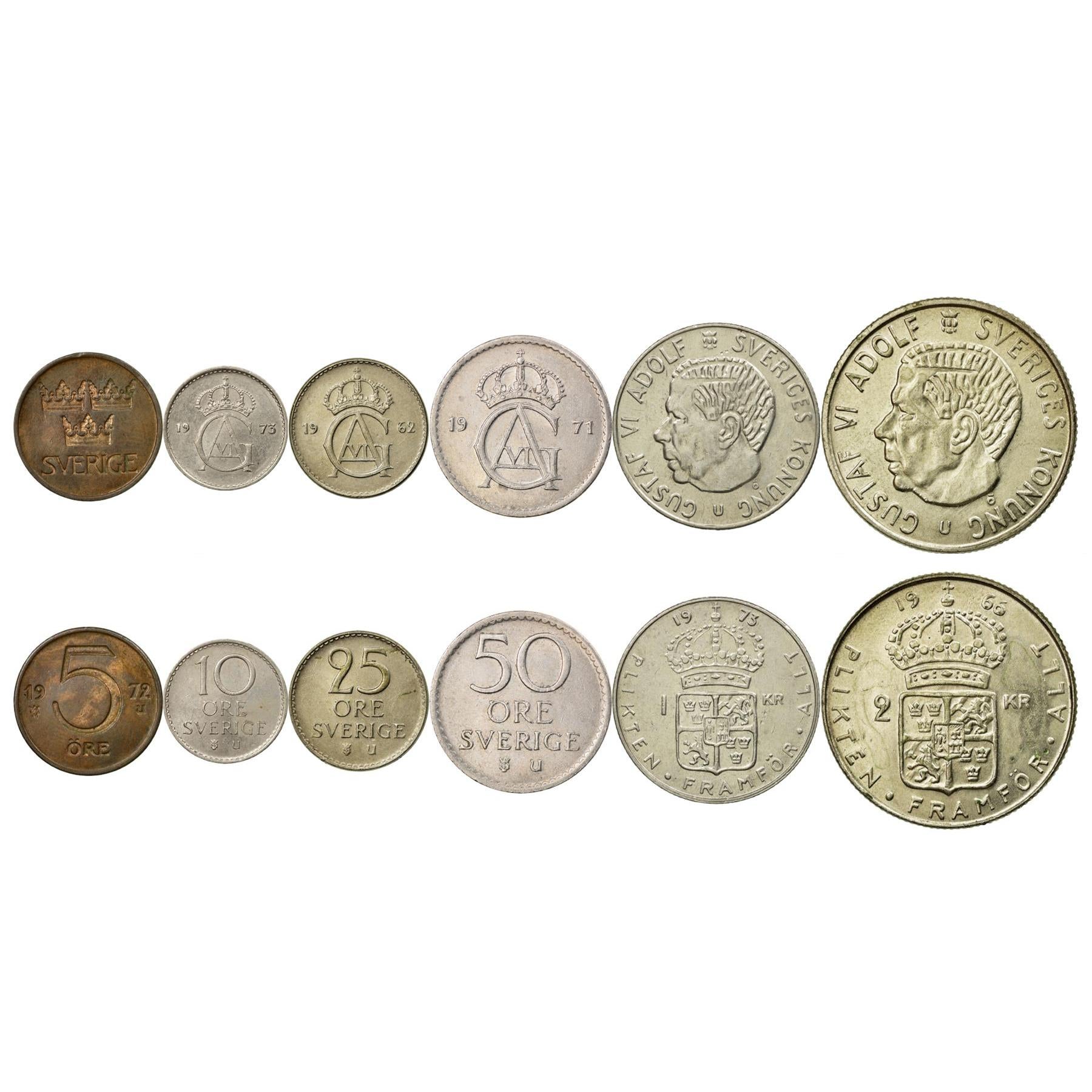 Swedish 6 Coin Set 5 10 25 50 Öre 1 2 Kronor | Carl XVI Gustaf | Three Crowns | Sweden | 1962 - 1973