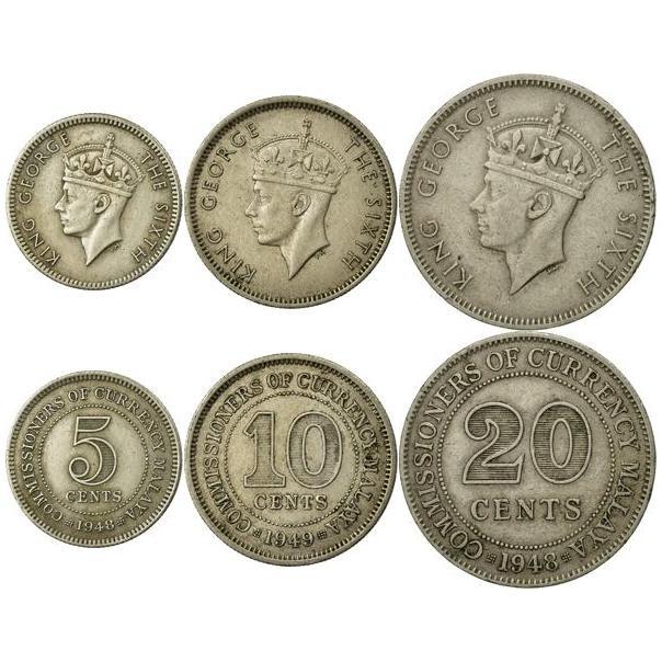 Malaya | 3 Coin Set | 5 10 20 Cents | 1948 - 1950