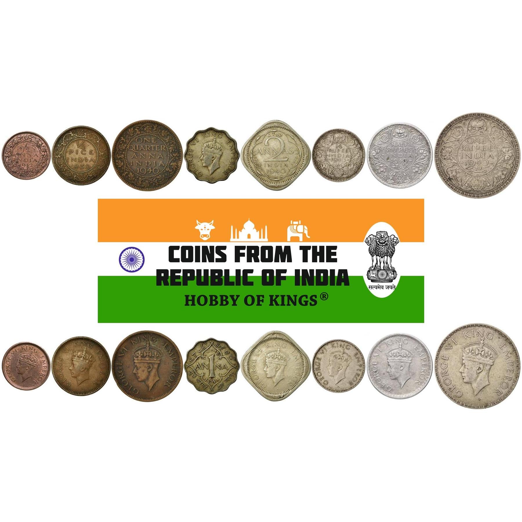 India - British | 8 Coin Set | 1/12 1/4 1 Anna 1/2 Pice 2 Annas 1/4 1/2 1 Rupee | 1938 - 1942