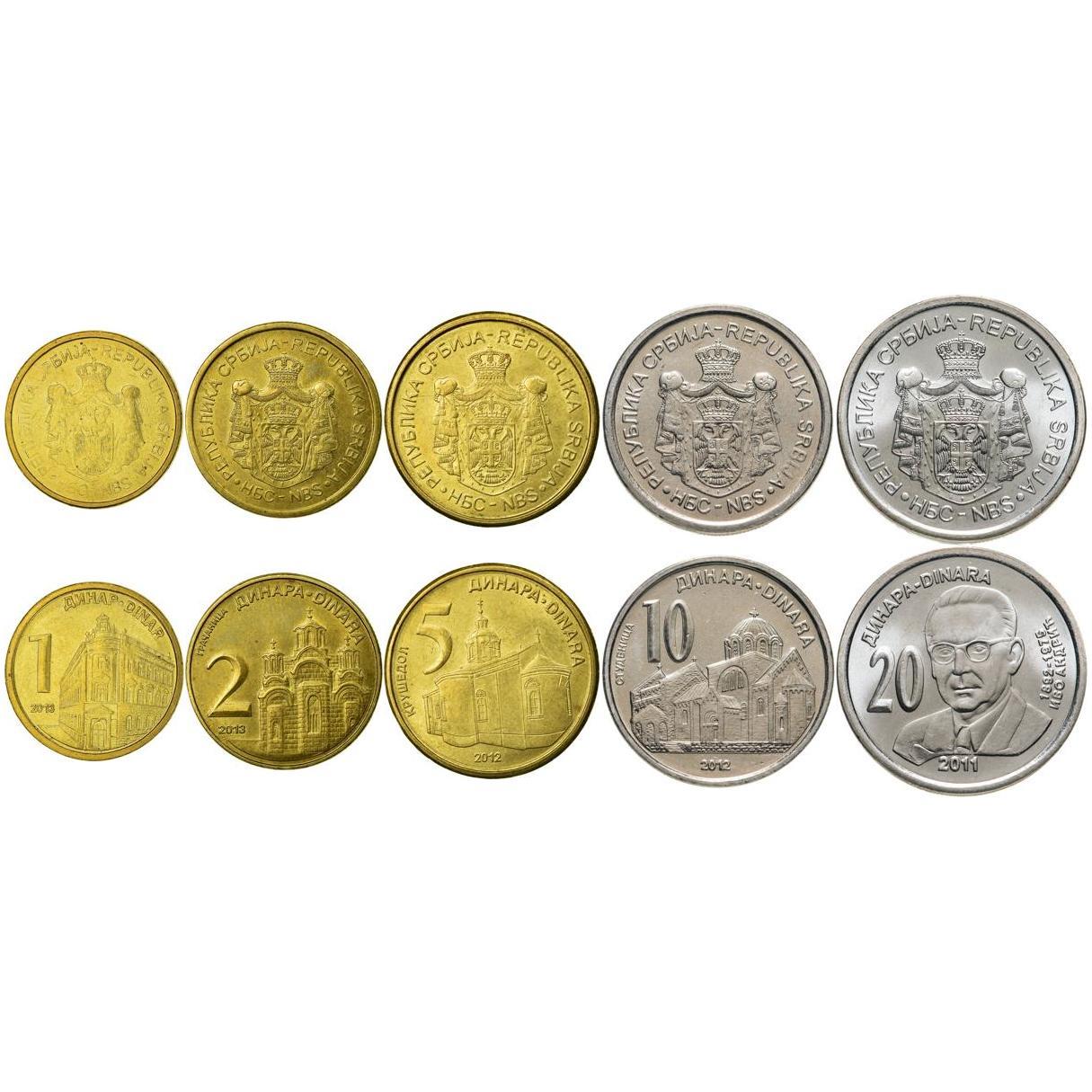 Serbia | 5 Coin Set | 1 Dinar 2 5 10 20 Dinars | 2011 - 2025