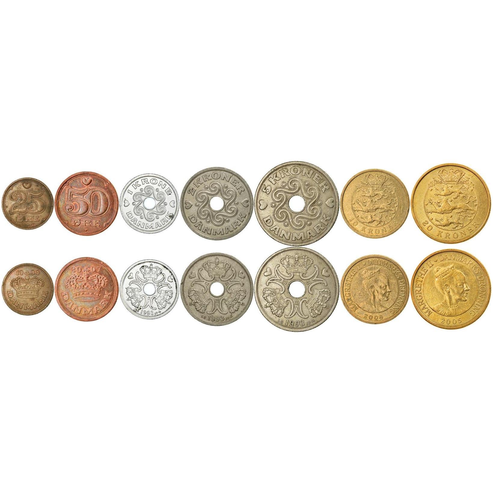 Denmark | 7 Coin Set | 25 50 Ore 1 Krone 2 5 10 20 Kroner | 1989 - 2021