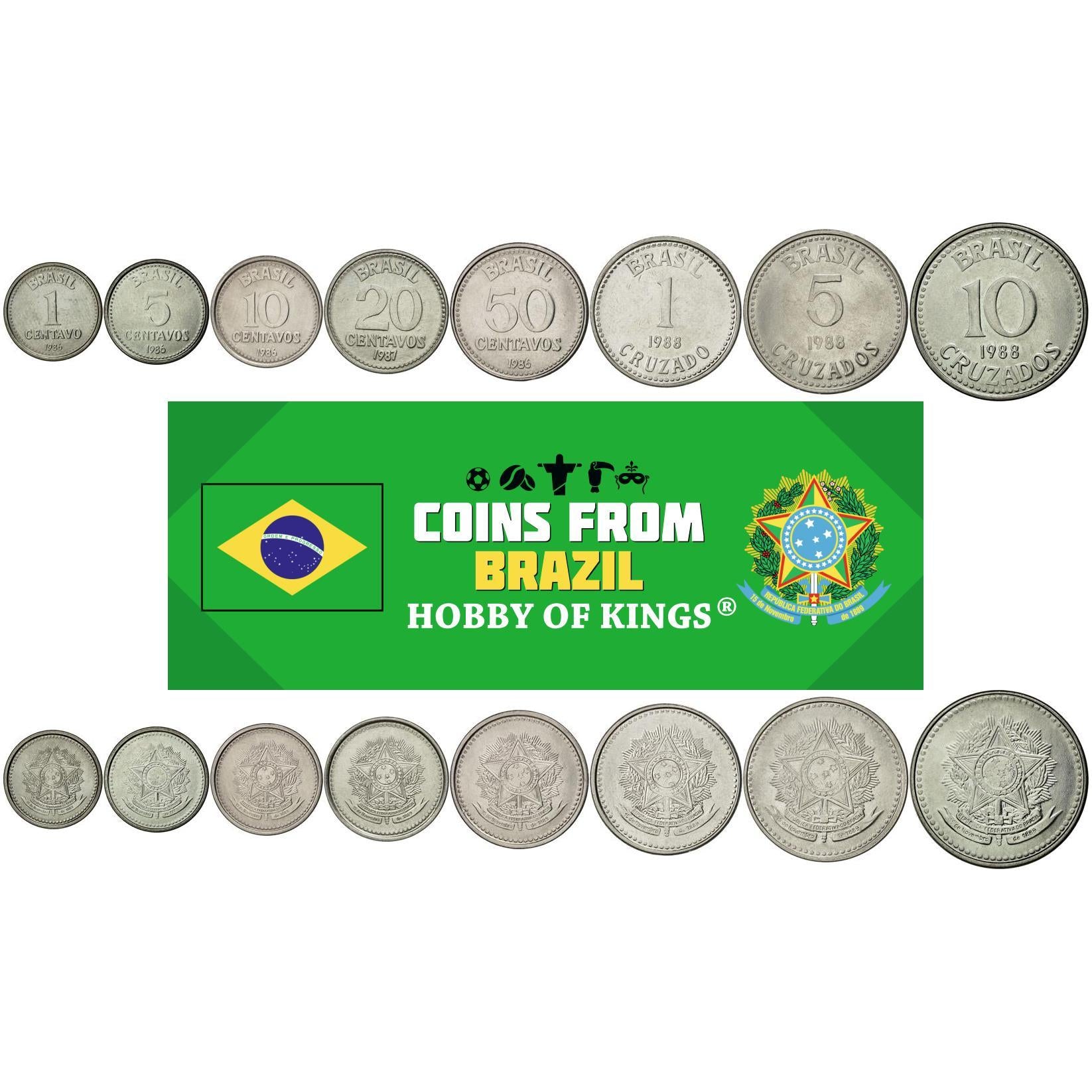 Brazil | 8 Coin Set | 1 Centavo 5 10 20 50 Centavos 1 Cruzado 5 10 Cruzados | 1986 - 1988