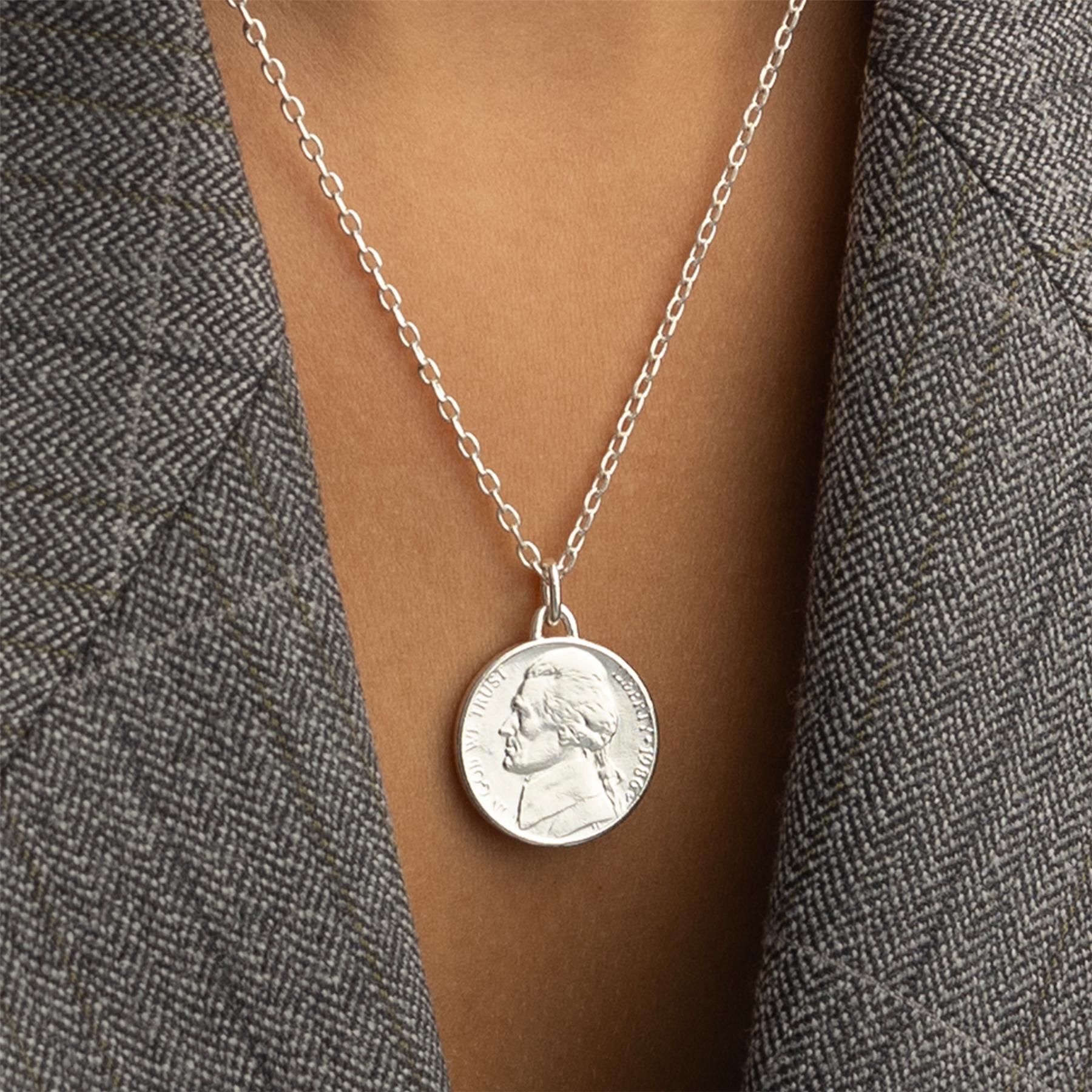 US Coin Necklace | Medallion Pendant Jewelry | Rhodium Plated United States of America 5 Cents | T. Jefferson | 2002