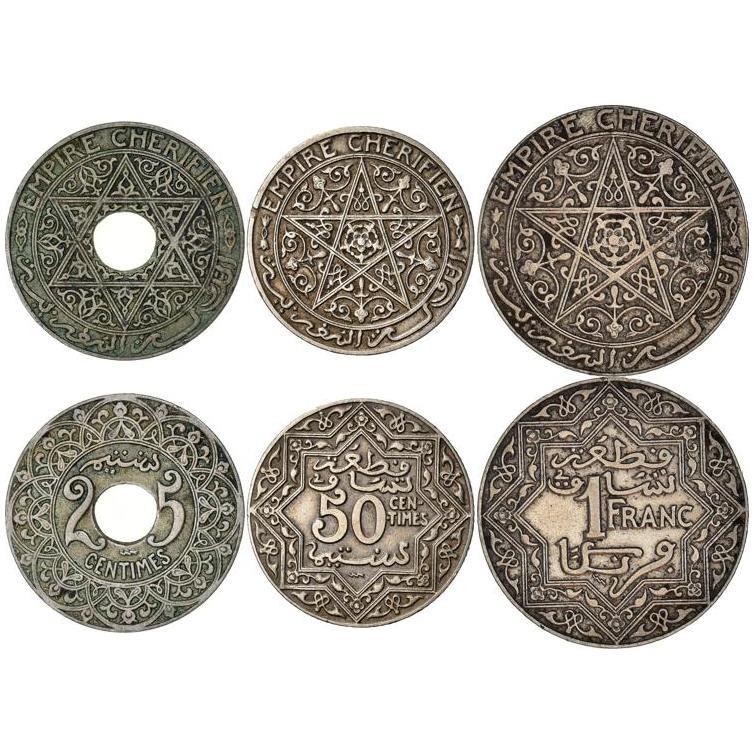 Morocco | 3 Coin Set | 25 50 Centimes 1 Franc | Sultan Yusef | Star of David | Lightning Bolt | Pentagram | 1924