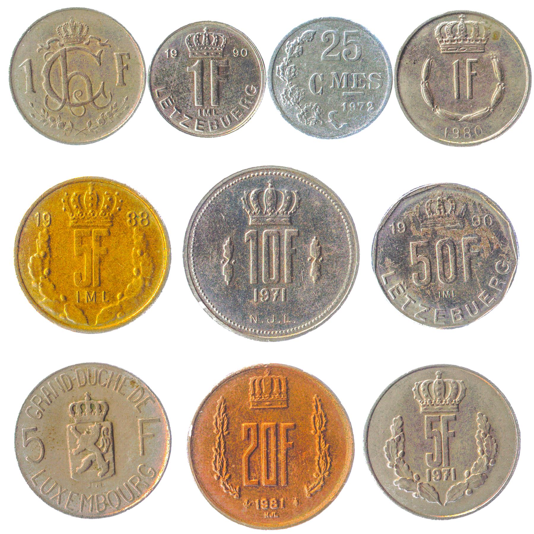 Luxembourg 10 Mixed Coins | Up to 20 Francs in Denomination | Jean, Charlotte | 1964 - 1999