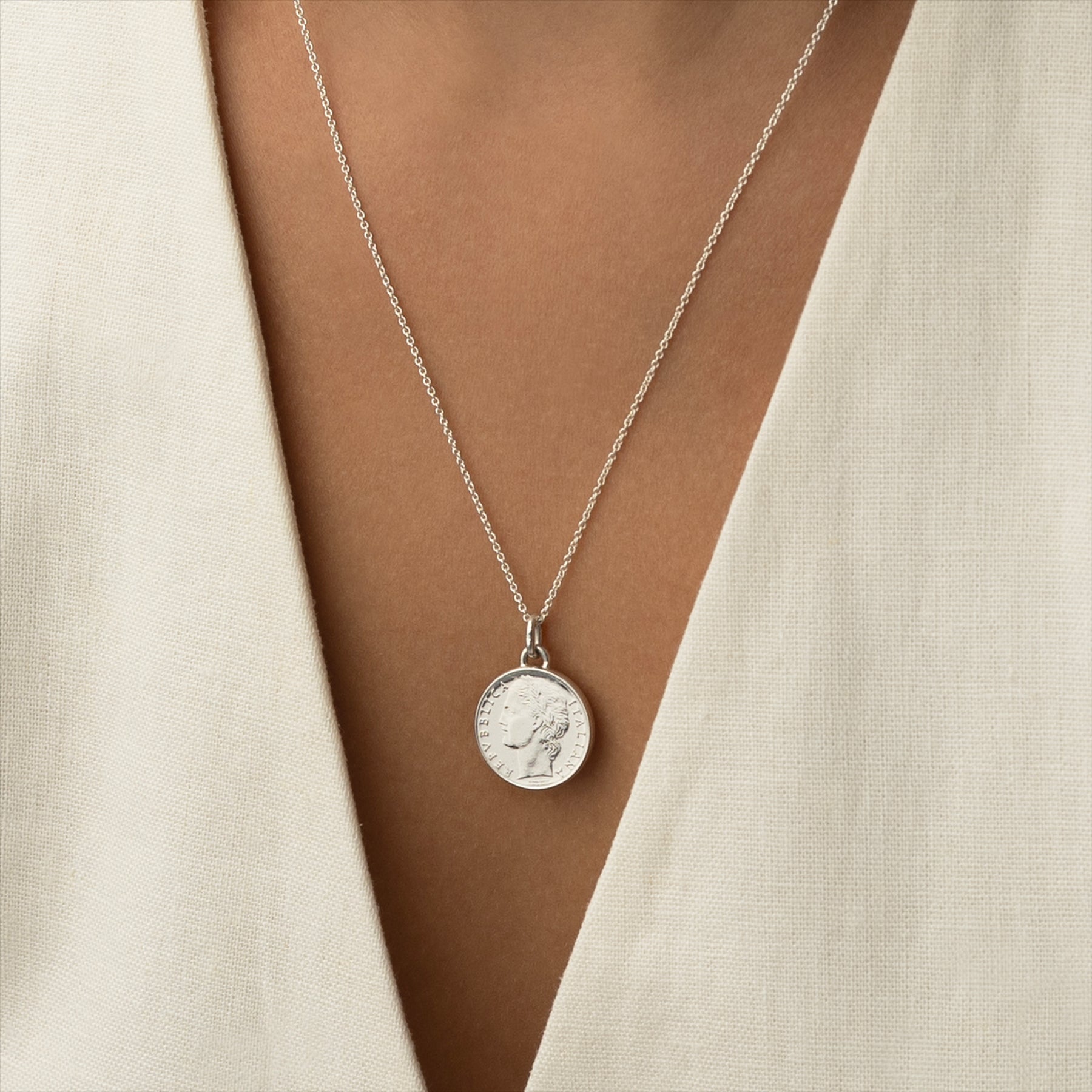 Italian Coin Necklace | Medallion Pendant Jewelry | Rhodium Plated 100 Lira | Goddess Minerva | 1990 - 1992