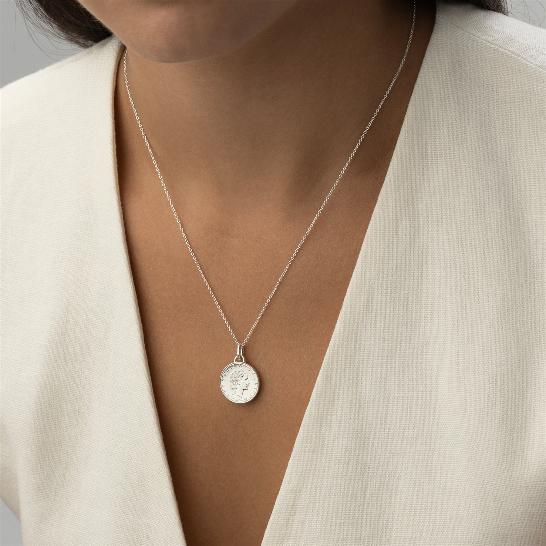 Italian Coin Necklace | Medallion Pendant Jewelry | Rhodium Plated 50 Lira | 1990 - 1995