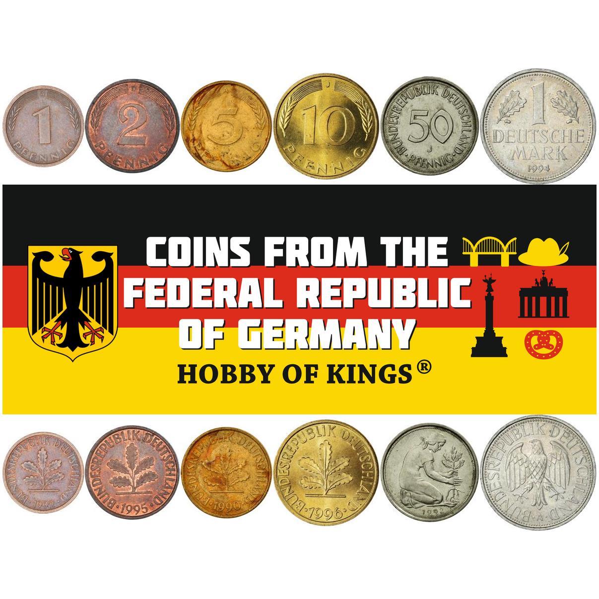 German 6 Coin Set 1 2 5 10 50 Pfennig 1 Deutsche Mark | Eagle | Oak Seedling | Germany | 1990 - 2001
