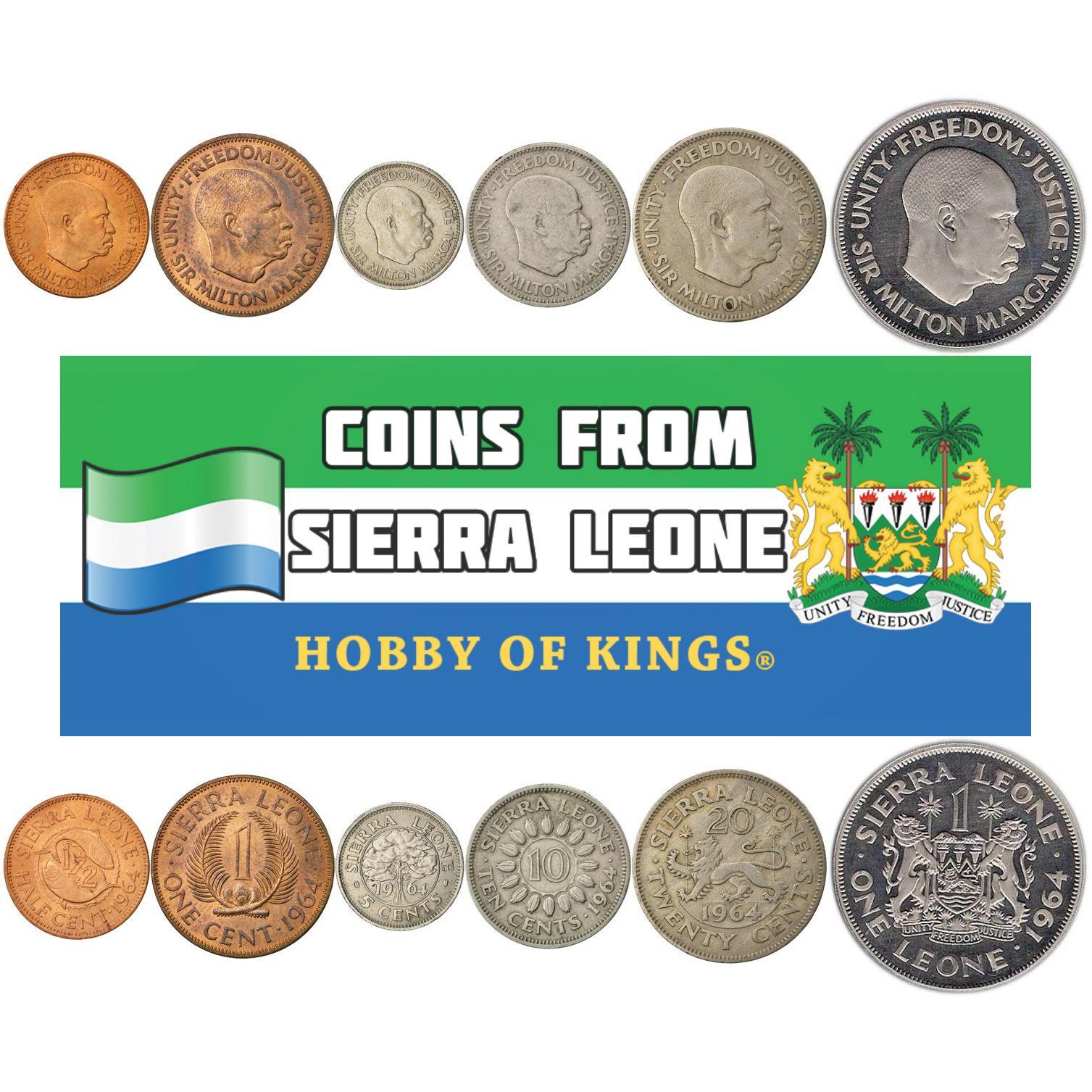 Sierra Leone | 6 Coin Set | 1/2 1 Cent 5 10 20 Cents 1 Leone | Bonga Shad | Milton Margai | Fern Leaves | White Silk-Cotton | Cocoa Fruit | Lion | Lions | 1964
