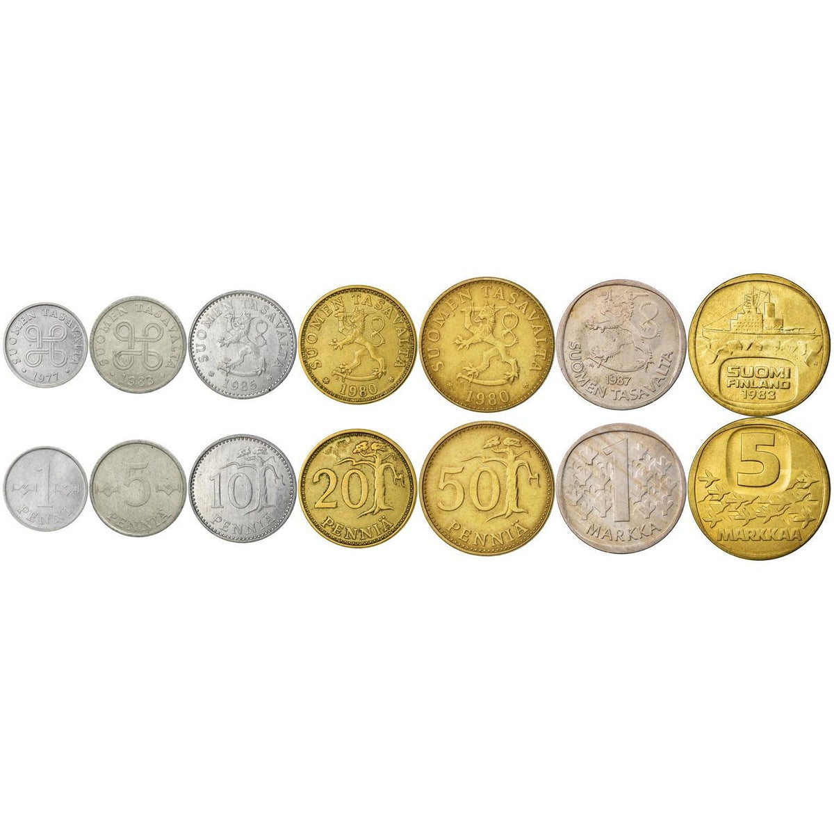 フィンランド 7枚硬貨セット 1 5 10 20 50 ペンニä 1 5 マルッカ | 木 | アイスブレーカー | セイント・ハンネス・クロス | フィンランド | 1977 - 1993