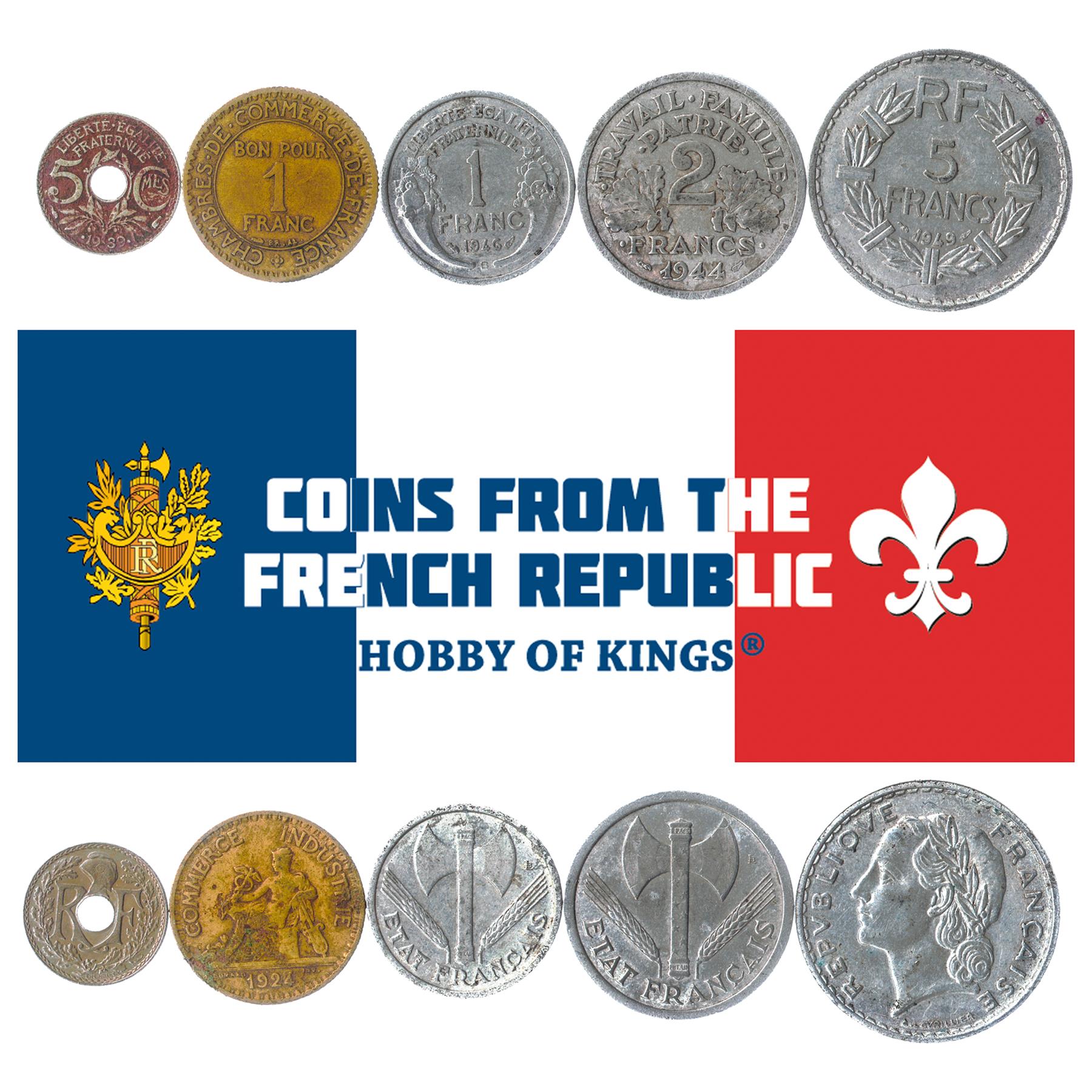 5 Old Coins From France 1852-1950 Napoleon Iii 3Rd And 4Th Republic Vichy France