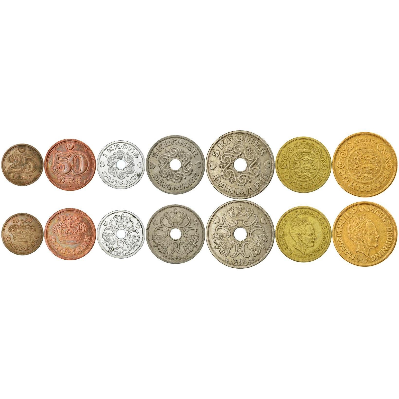Denmark | 7 Coin Set | 25 50 Ore 1 Krone 2 5 10 20 Kroner | 1989 - 2021